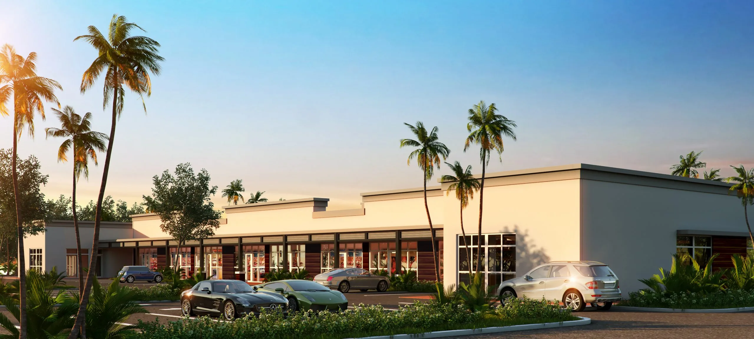 Commercial building render with parking lot and storefront retail units, Fort Lauderdale Florida