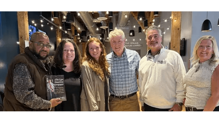 Warren Dews, Paige McCarthy, Jessica Vinciguerra, author and playwright Ken Tingley, Mark Vinciguerra and Marlene McTigue gather at Capital Repertory Theatre, 251 N. Pearl St., for “The Last American Newspaper.” Photo: The Columbia Paper