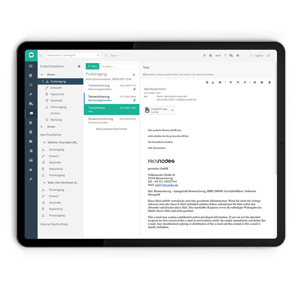 Posteingang in jur|nodes mit geöffneter Test-Mail auf Tablet