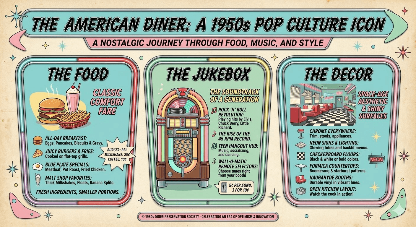 "Make a retro, 1950s-style infographic about the history of the American diner. Include distinct sections for 'The Food,' 'The Jukebox,' and 'The Decor.' Ensure all text is legible and stylized to match the period."