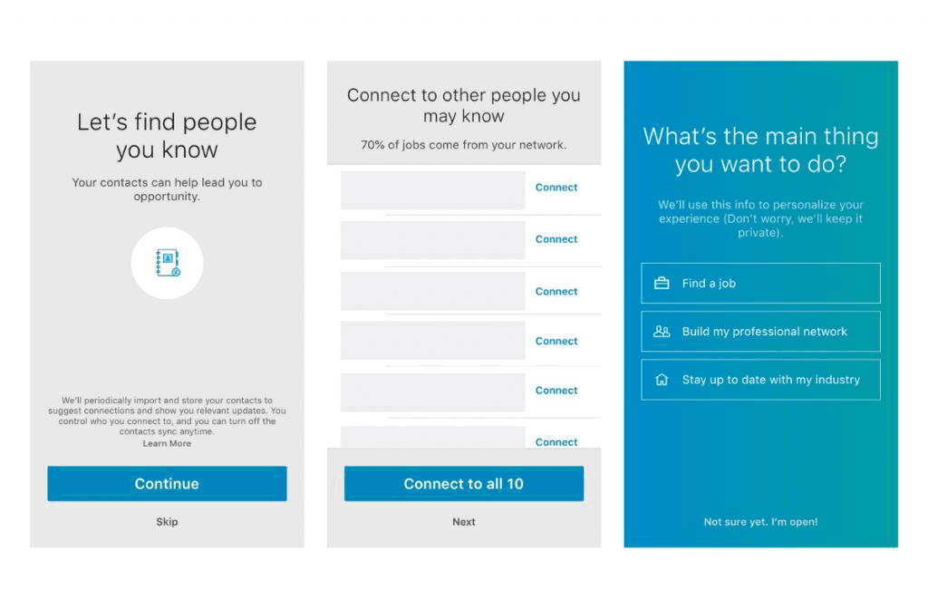 LinkedIn onboarding flow showing contact import and "people you may know" suggestions during signup