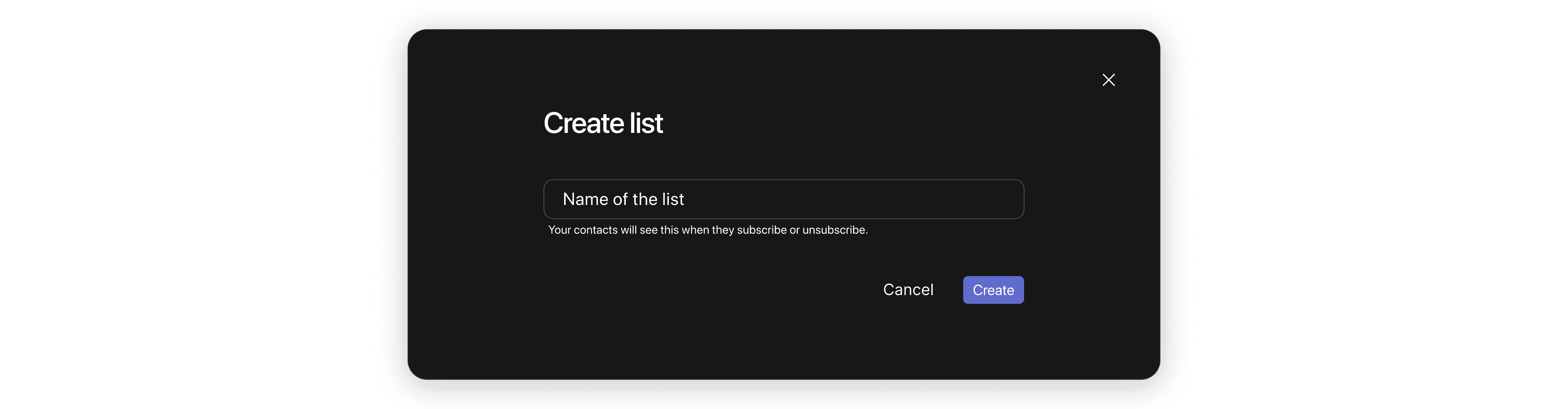 Dialoge box of create a email list