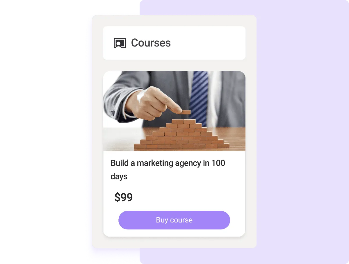 Screenshot of a marketing course inside a Wylo-powered community, featuring course title, instructor name, and progress tracker.