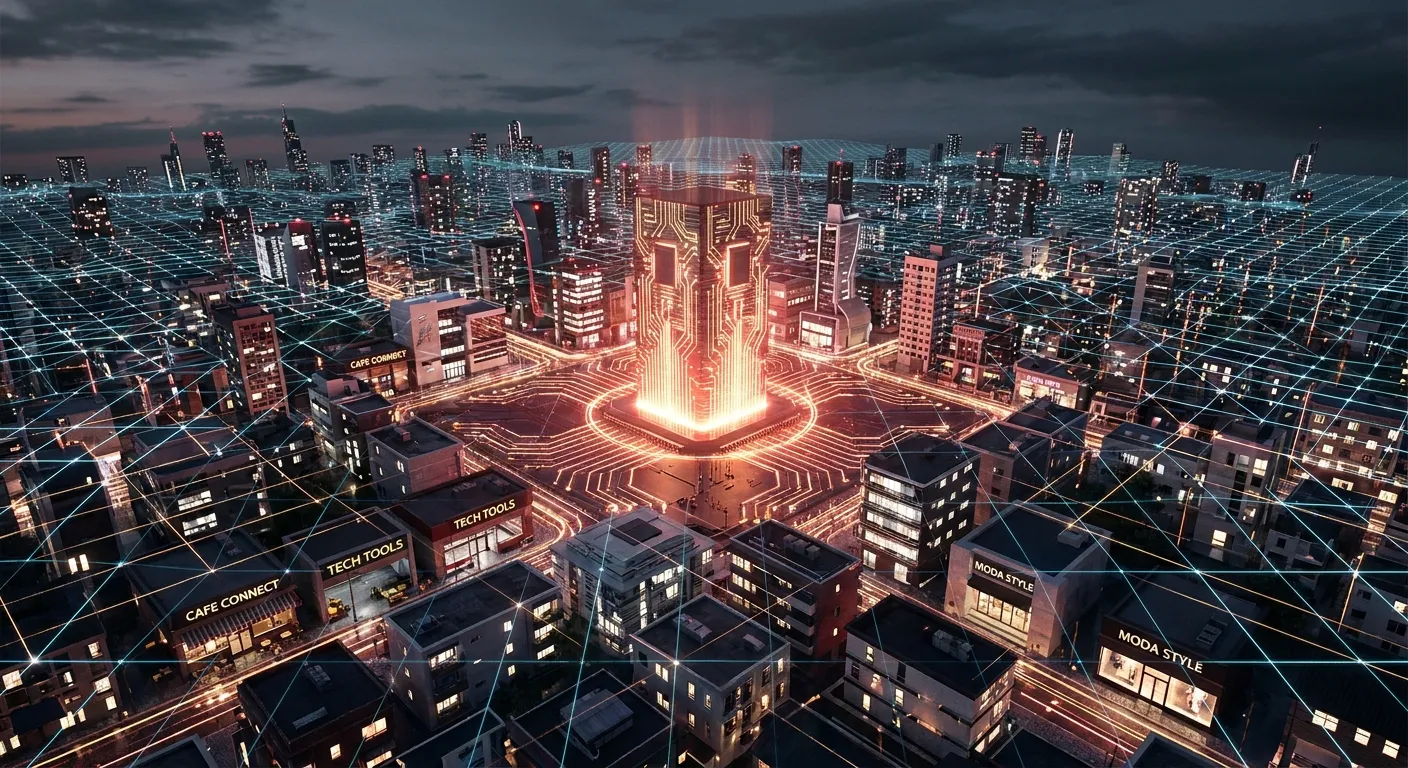 Futuristic cityscape with digital grid, symbolizing RockN' Socials Digital Marketing Agency.