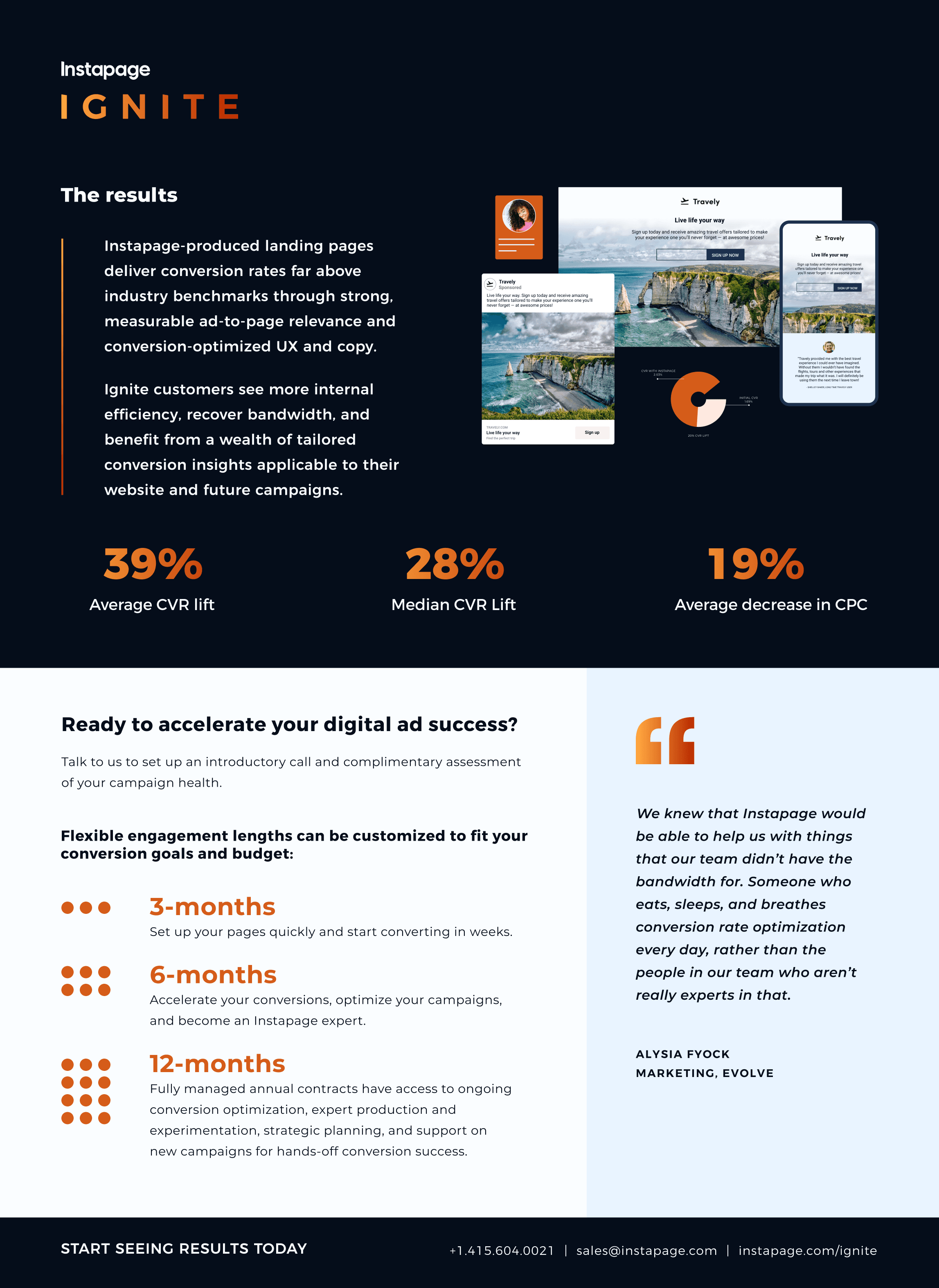 one-pager branded layout design features upsell of B2B tech enterprise offering a 3-month plan which includes advertising analysis, strategic roadmap, and conversion-focused UX/UI