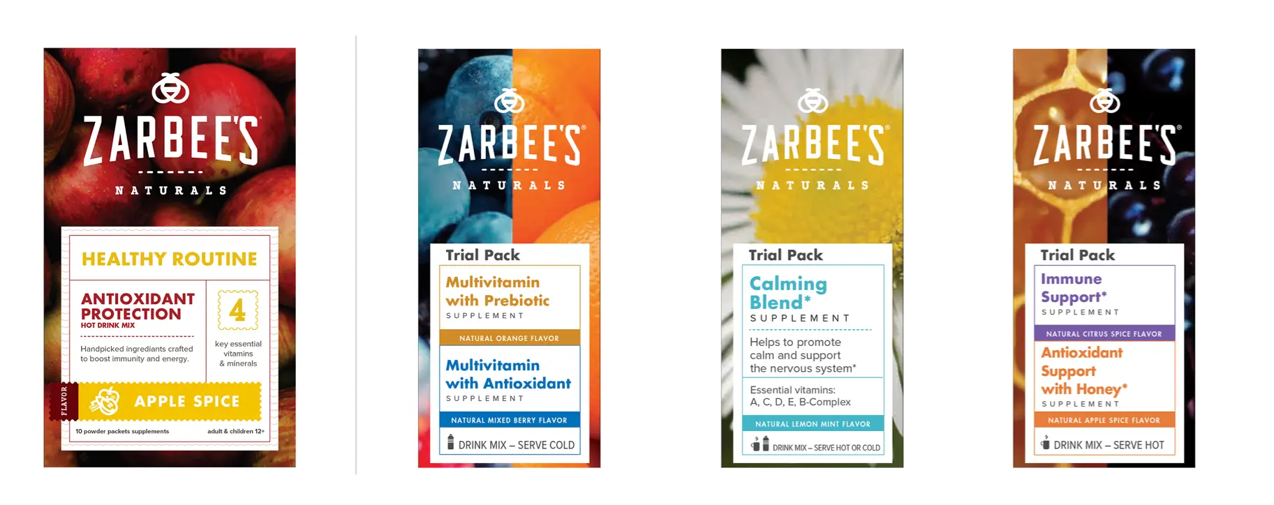 Zarbee's Naturals packaging system extended to Trial Pack formats — the original Healthy Routine box alongside three multi-product trial packs combining different supplement blends, showing how the design framework adapts to varied product configurations.