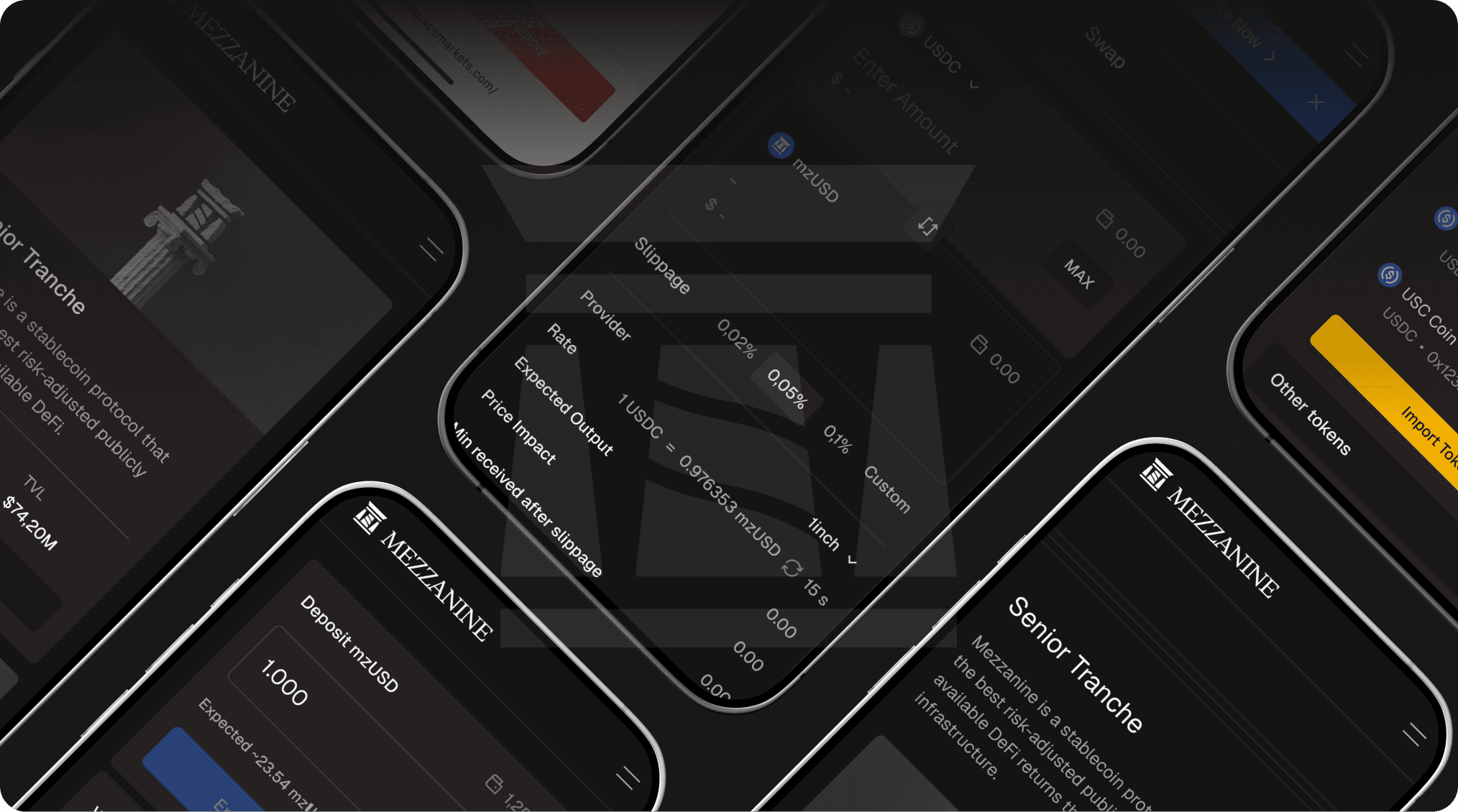 An abstract grid overlay of various dark mode mobile app screens and UI elements from the Mezzanine stablecoin protocol ecosystem.