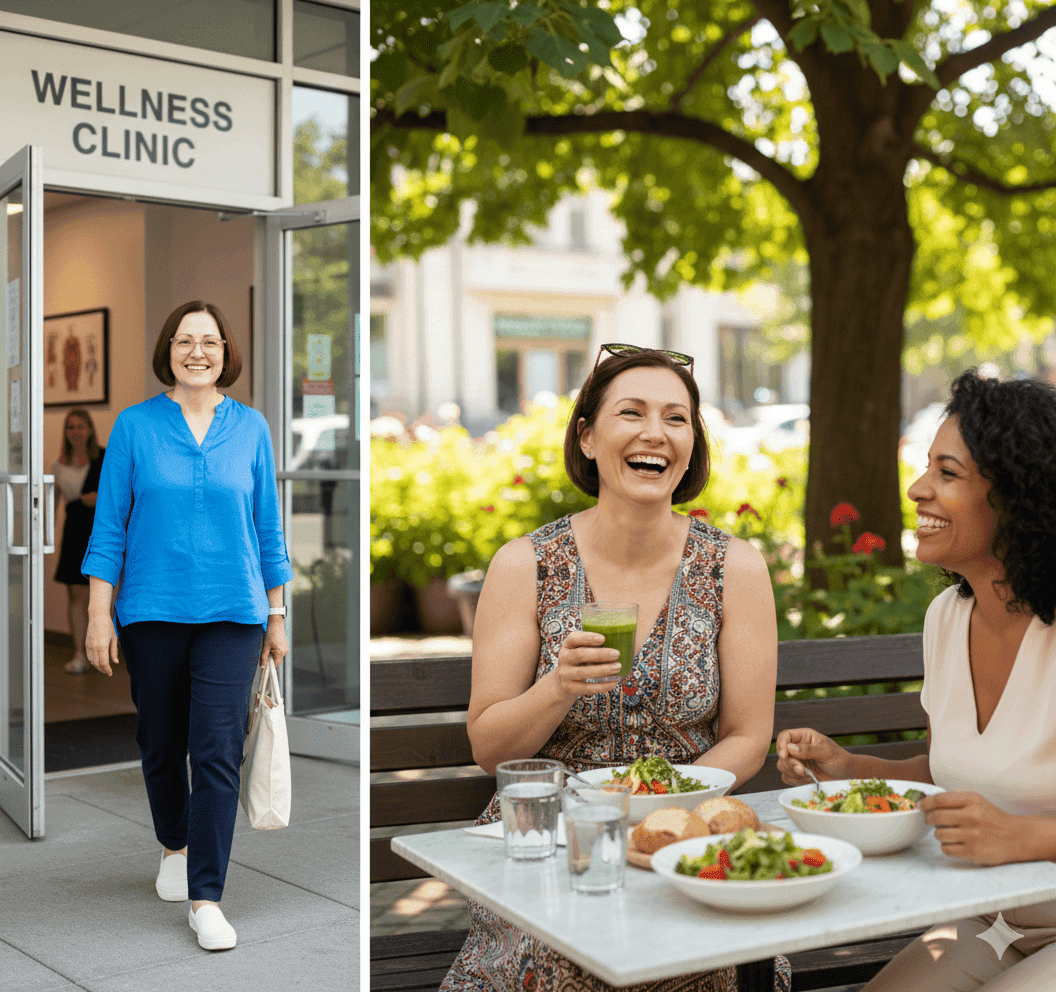 Split image showing a woman in a blue shirt exiting a "WELLNESS CLINIC" and two women laughing while eating salads at an outdoor cafe table with green drinks.