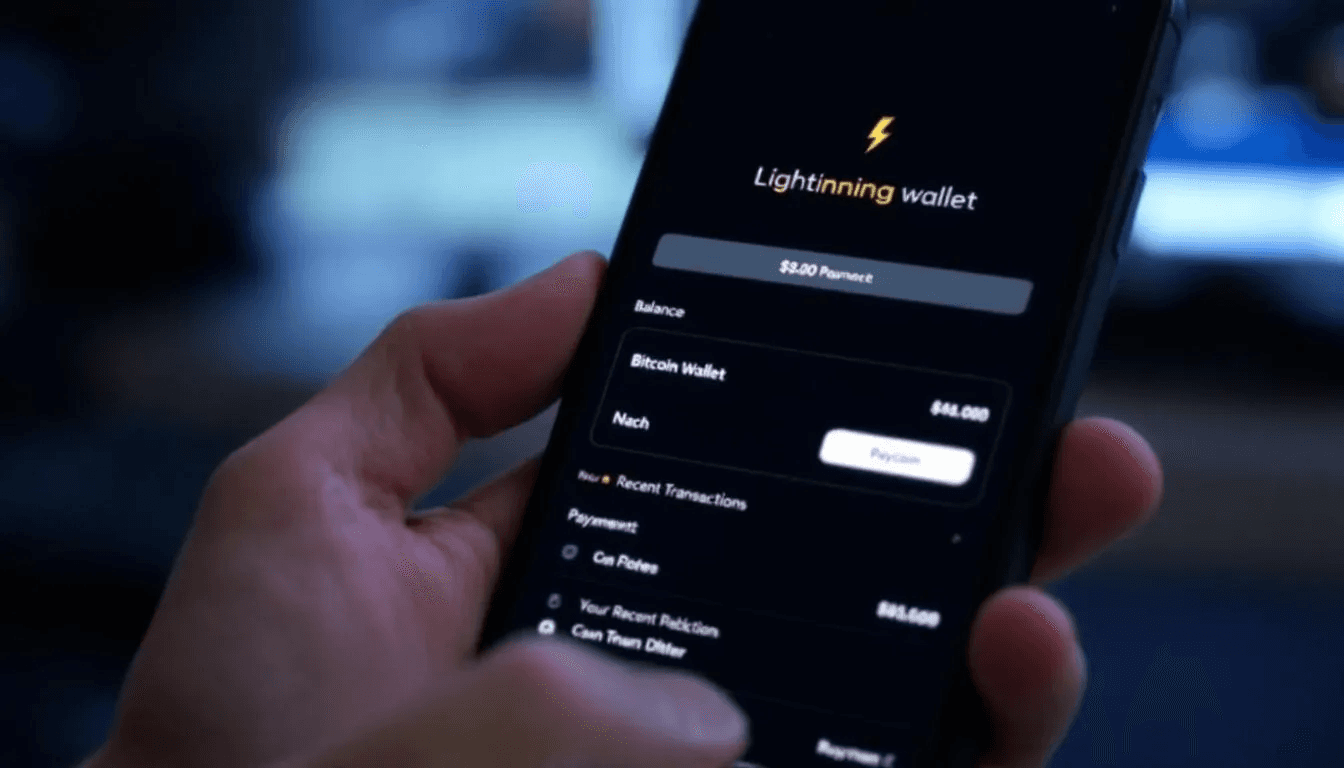 A smartphone screen showcases a lightning wallet interface, featuring options for bitcoin payments that utilize the lightning network for fast and low-cost transactions. The interface highlights payment channels and lightning invoices, making it easy for users to send and receive bitcoin efficiently.