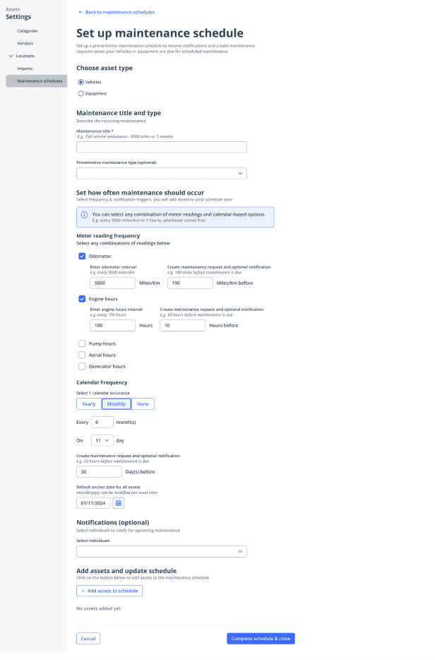 Set up schedule screen