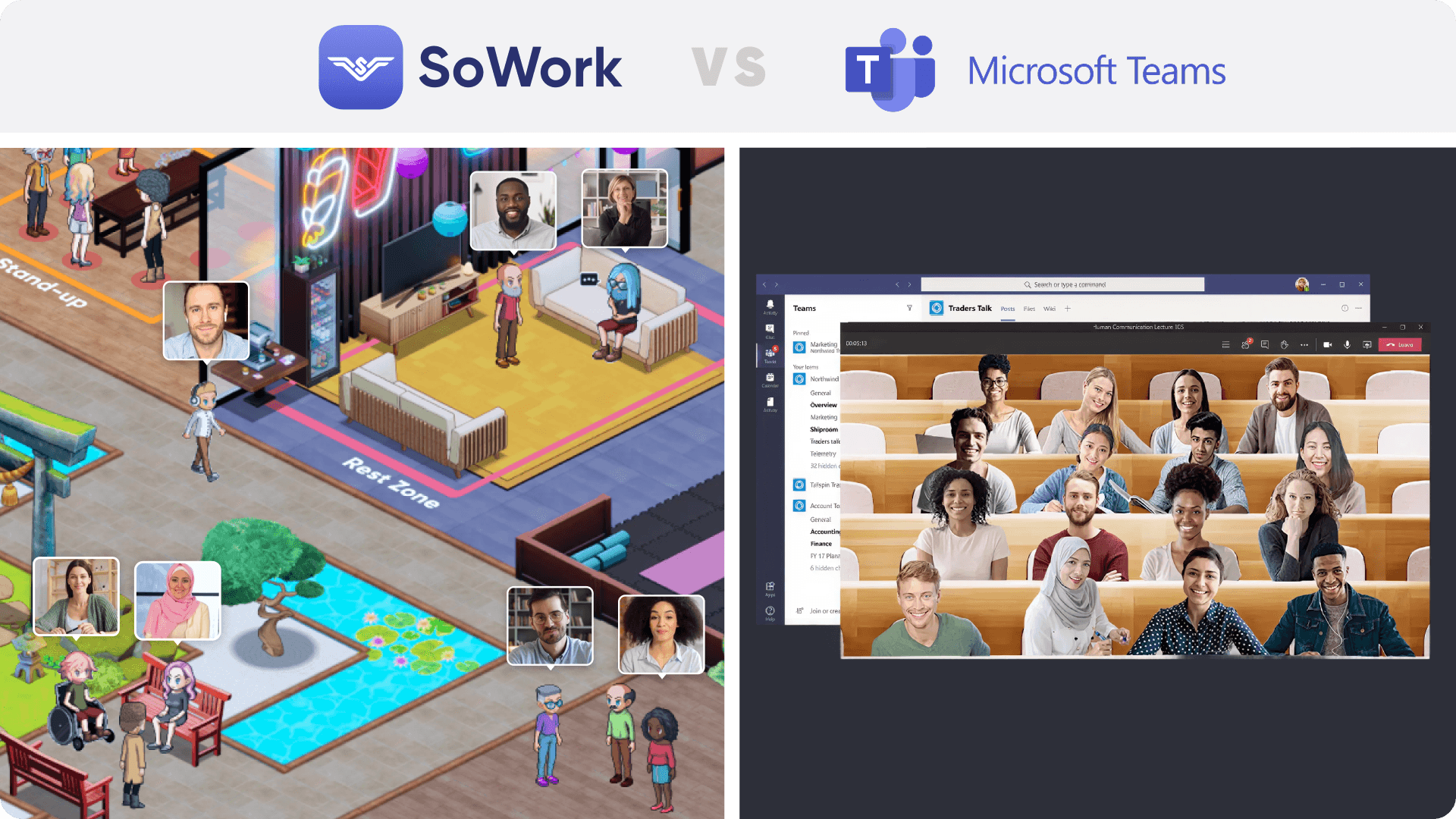 Side-by-side comparison of SoWork’s immersive 2.5D virtual office environment versus Microsoft Teams’ traditional Together Mode video grid for remote teams.