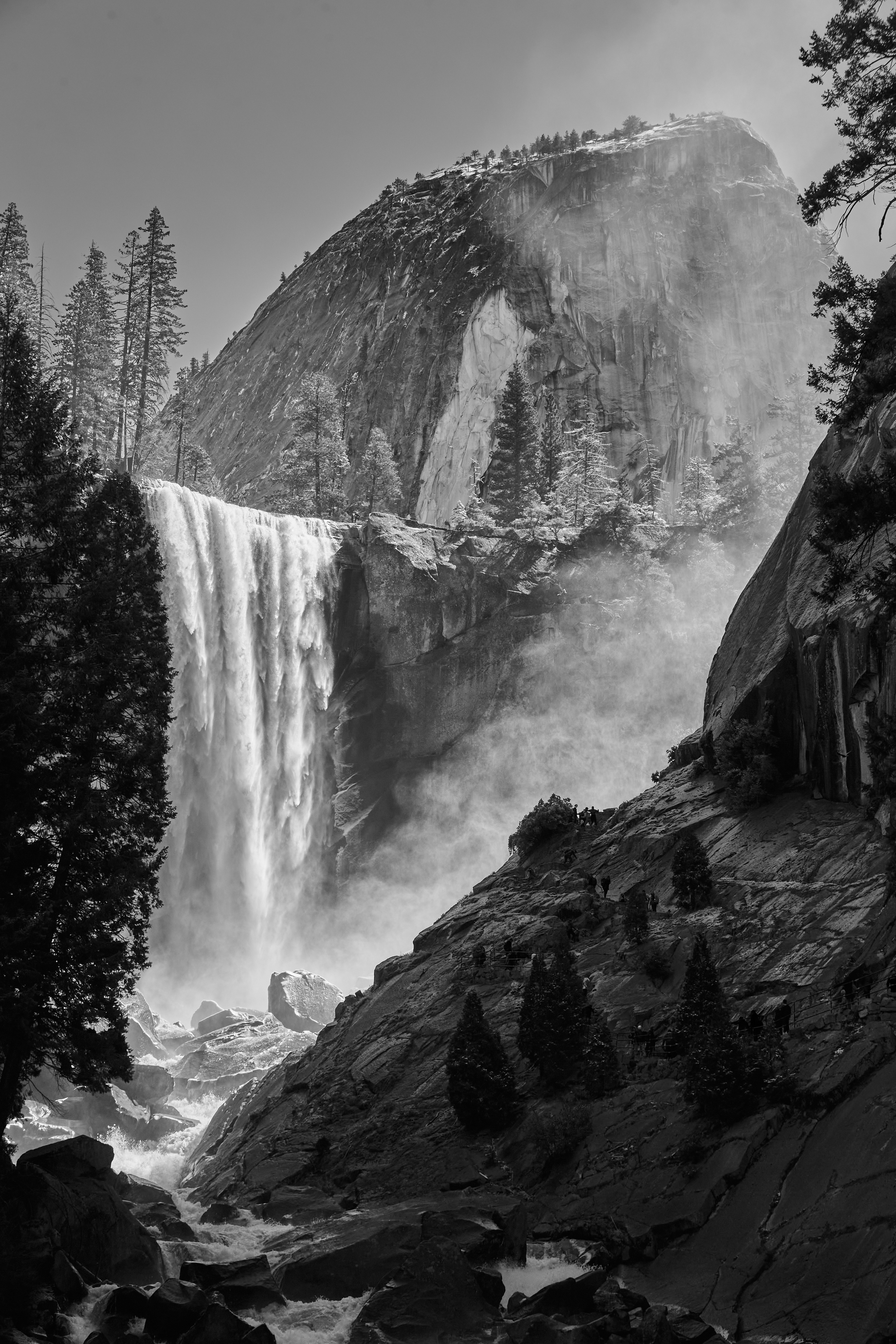 Travel photographer black and white image of waterfall at Yosemite National Park, USA,