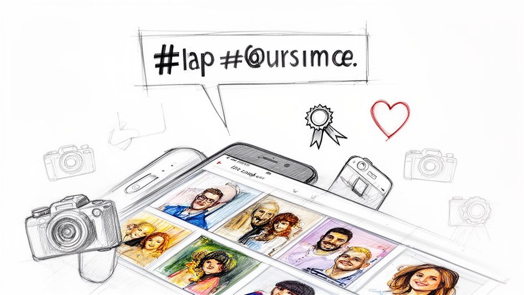 A hand-drawn sketch depicting a smartphone displaying photos of people, with cameras, hashtags, and social media symbols.