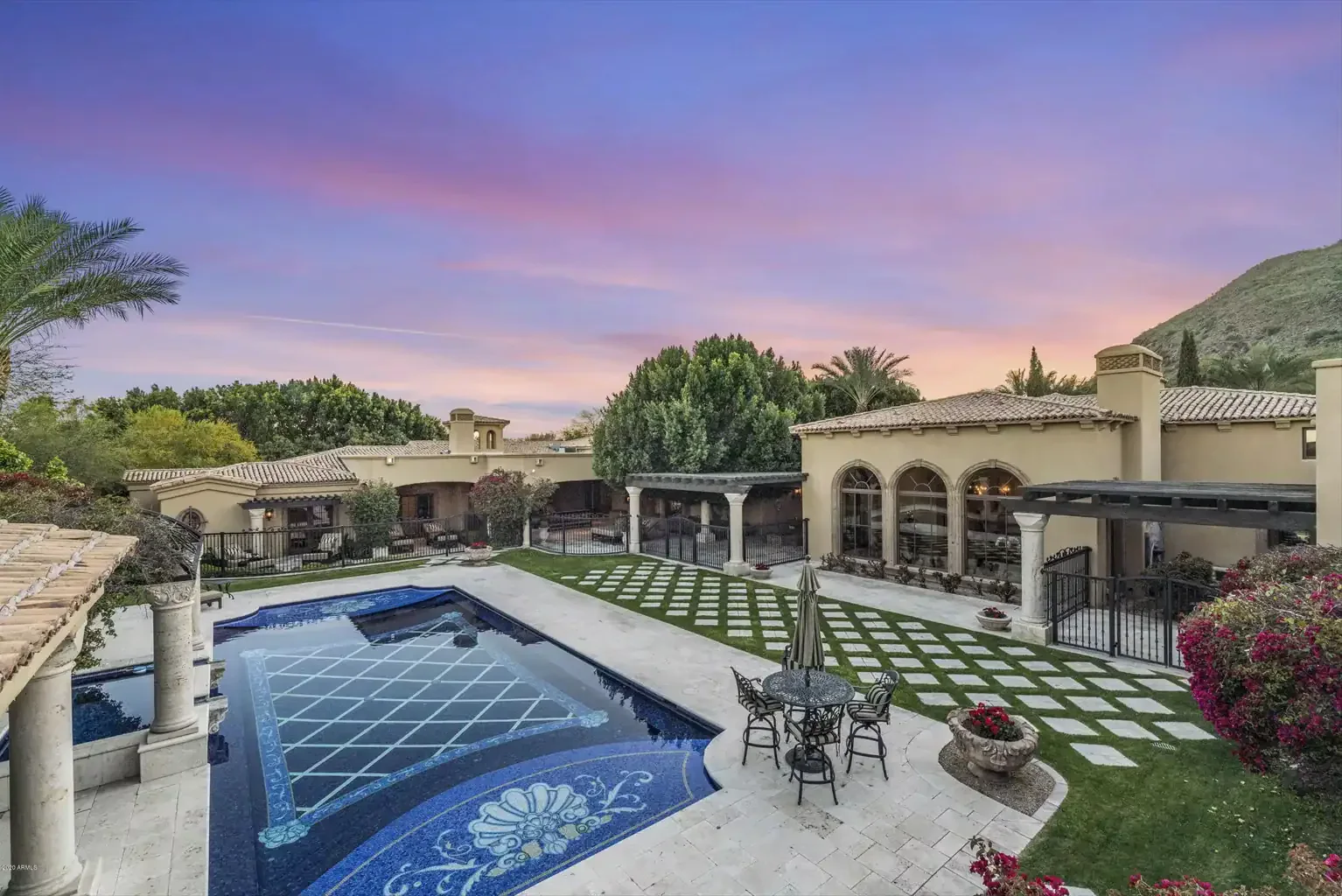 All-tile mosaic pool with a hand-cut waterline border, Paradise Valley, Arizona — Mosaiclegs Art Studio
