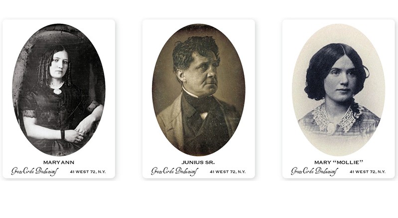 A set of old black and white photos of men and women, each of them put in oval shapes with names and other text on the frame.