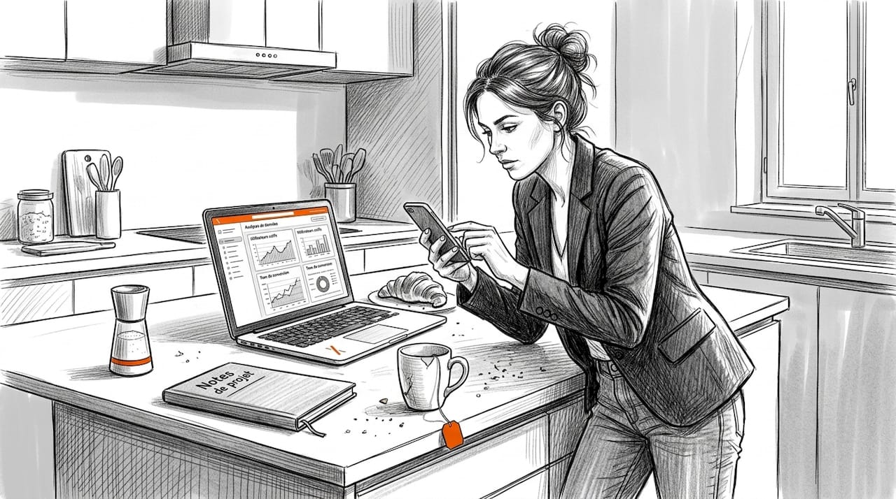 Une femme d'affaires consulte la page d'accueil de son site sur son smartphone.