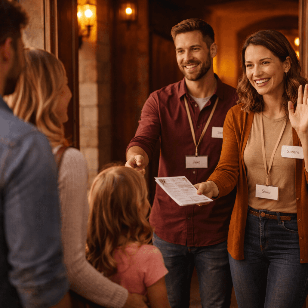 Church hospitality team greeting visitors warmly at the church entrance and handing out welcome materials.
