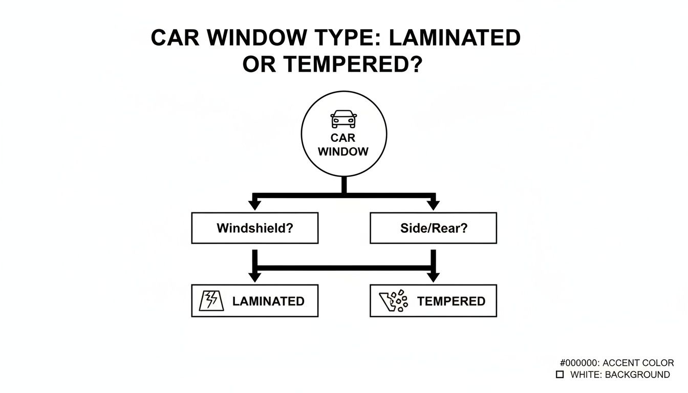 Flowchart illustrating car window types: windshields are laminated, while side and rear windows are tempered.