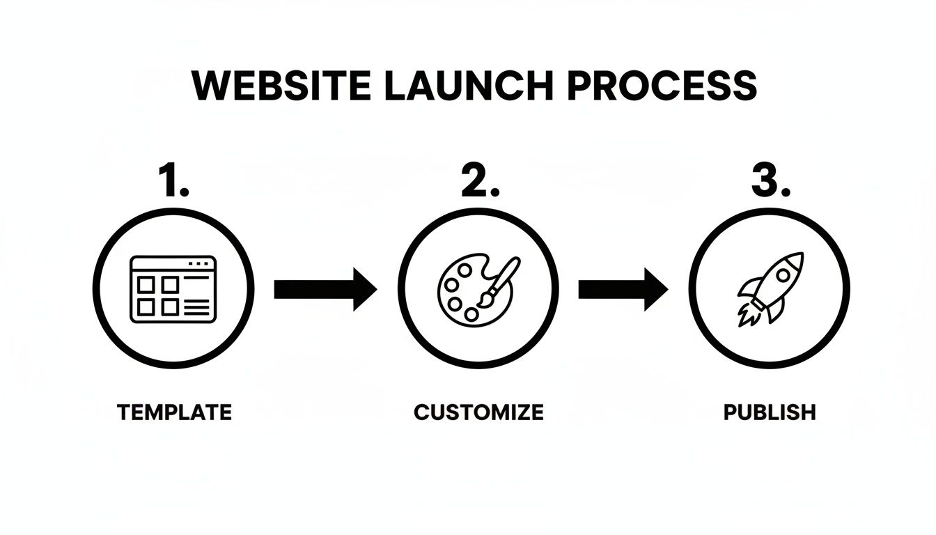 A three-step diagram outlining the website launch process: Template, Customize, and Publish.