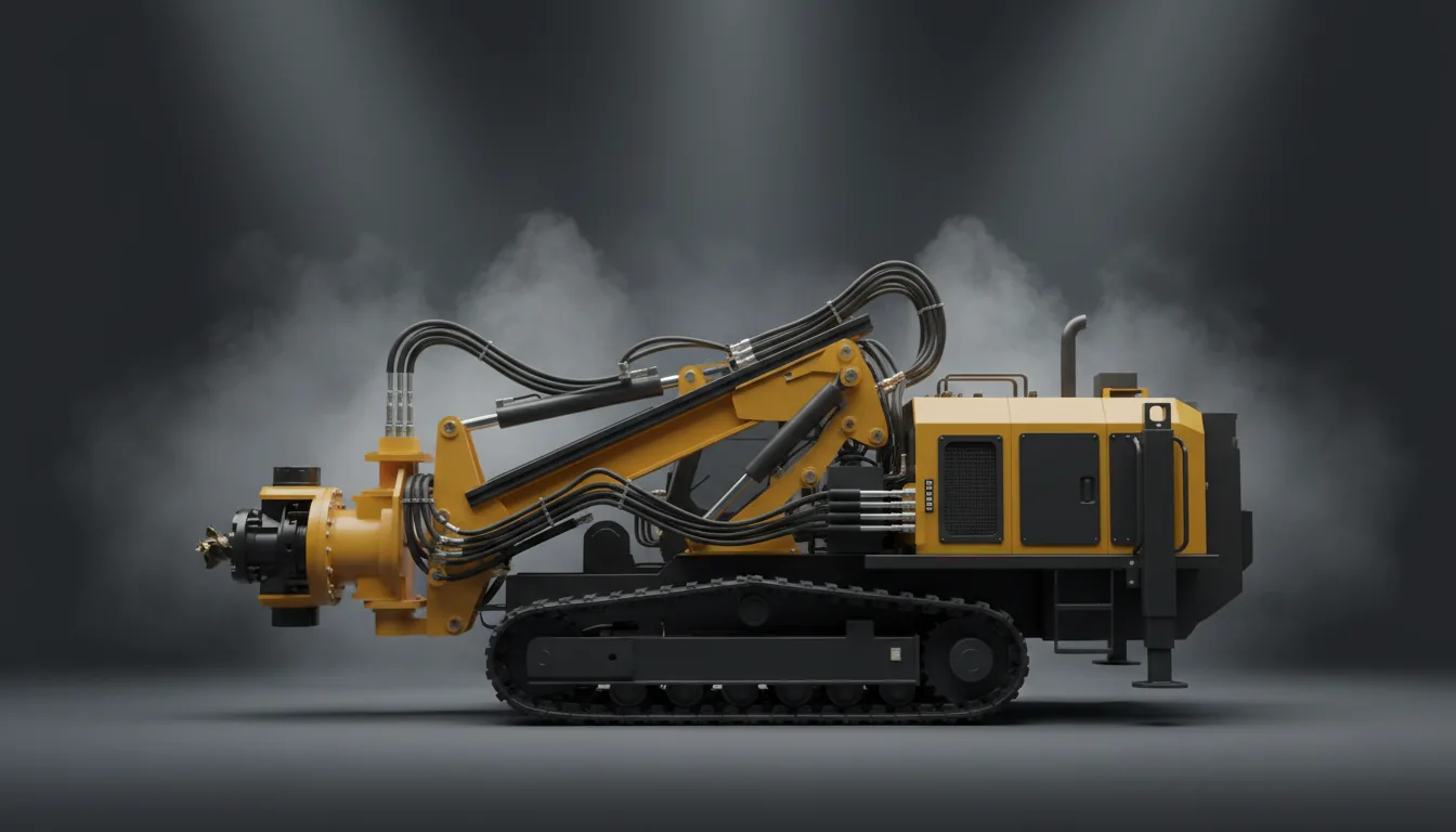Photorealistic 3D render of a modern horizontal directional drilling machine, a SolidWorks CAD model visualization, side profile view, industrial yellow and matte black paint, complex hydraulic systems, caterpillar tracks, dramatic studio backdrop with volumetric god rays and moody smoke, soft global illumination, professional product shot.