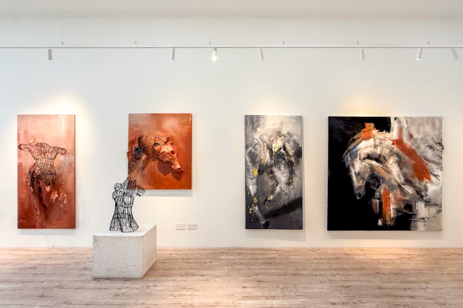 Geometric wooden wall panels with angled shapes and warm highlights.