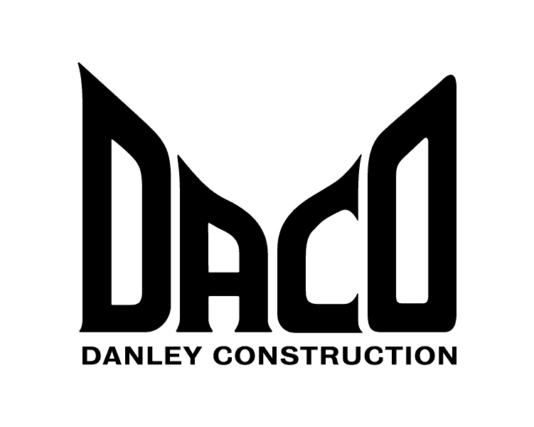 A custom wordmark design for Danley Construction, a construction company on Vancouver Island. It has an abbreviated version of the name "DACO" written in all capital letters using custom drawn typography. Danely Construction is neatly written below it.