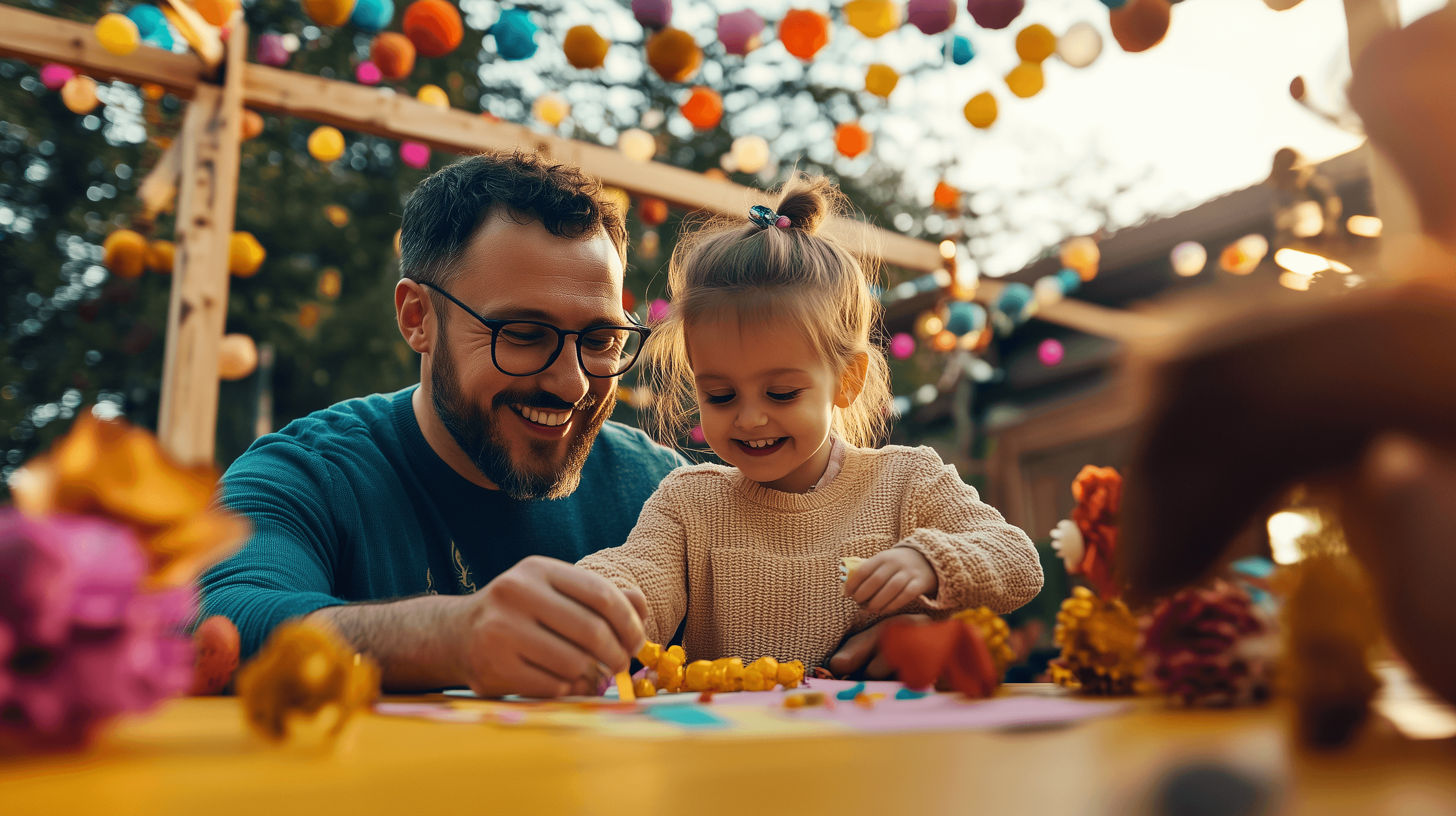 Father, child, and nanny creating colorful crafts for Father’s Day