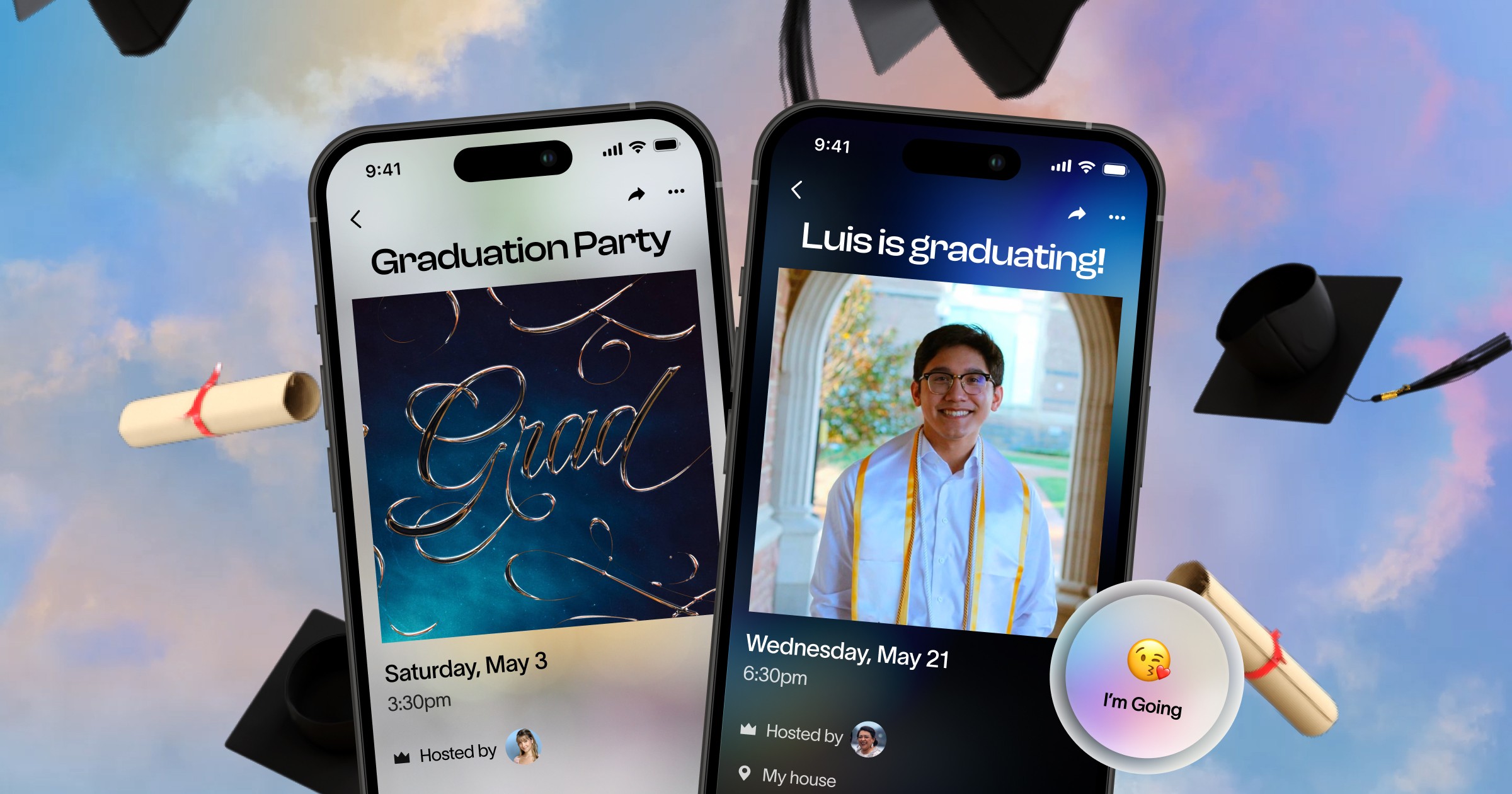 Digital graduation party invitations displayed on two smartphones against a sky background with flying graduation caps and diplomas. One invite features a fun, meme-style design with a student in a cap and gown sipping a drink, while the other has an elegant script-style "Grad" design. Includes RSVP button with "I'm Going" emoji reaction. Perfect for customizable online graduation party invites with RSVP tracking and easy sharing via text or email.