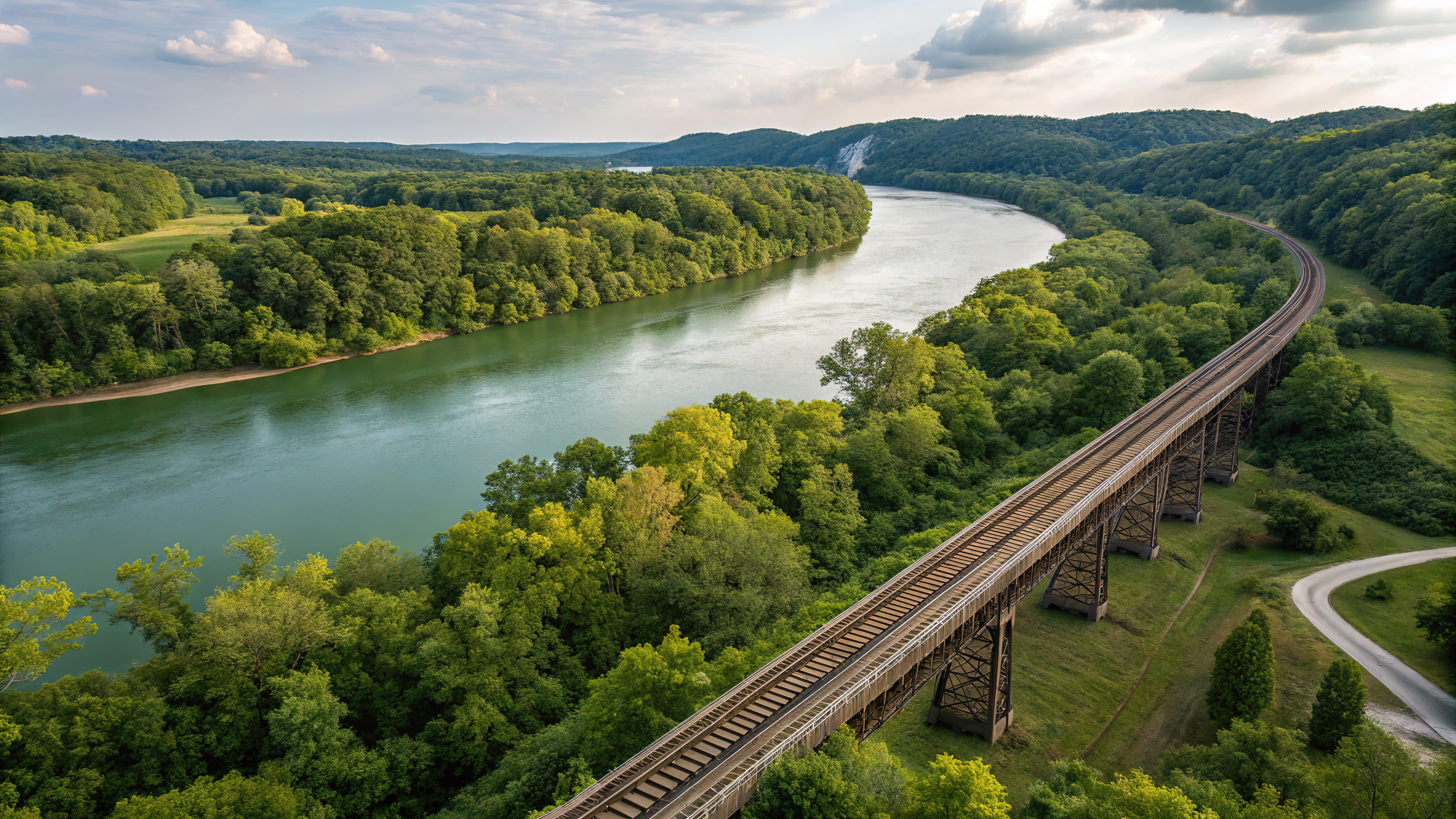 Aerial view of a river in Nashville at Shelby Park winding through lush greenery, with a railway track running alongside.