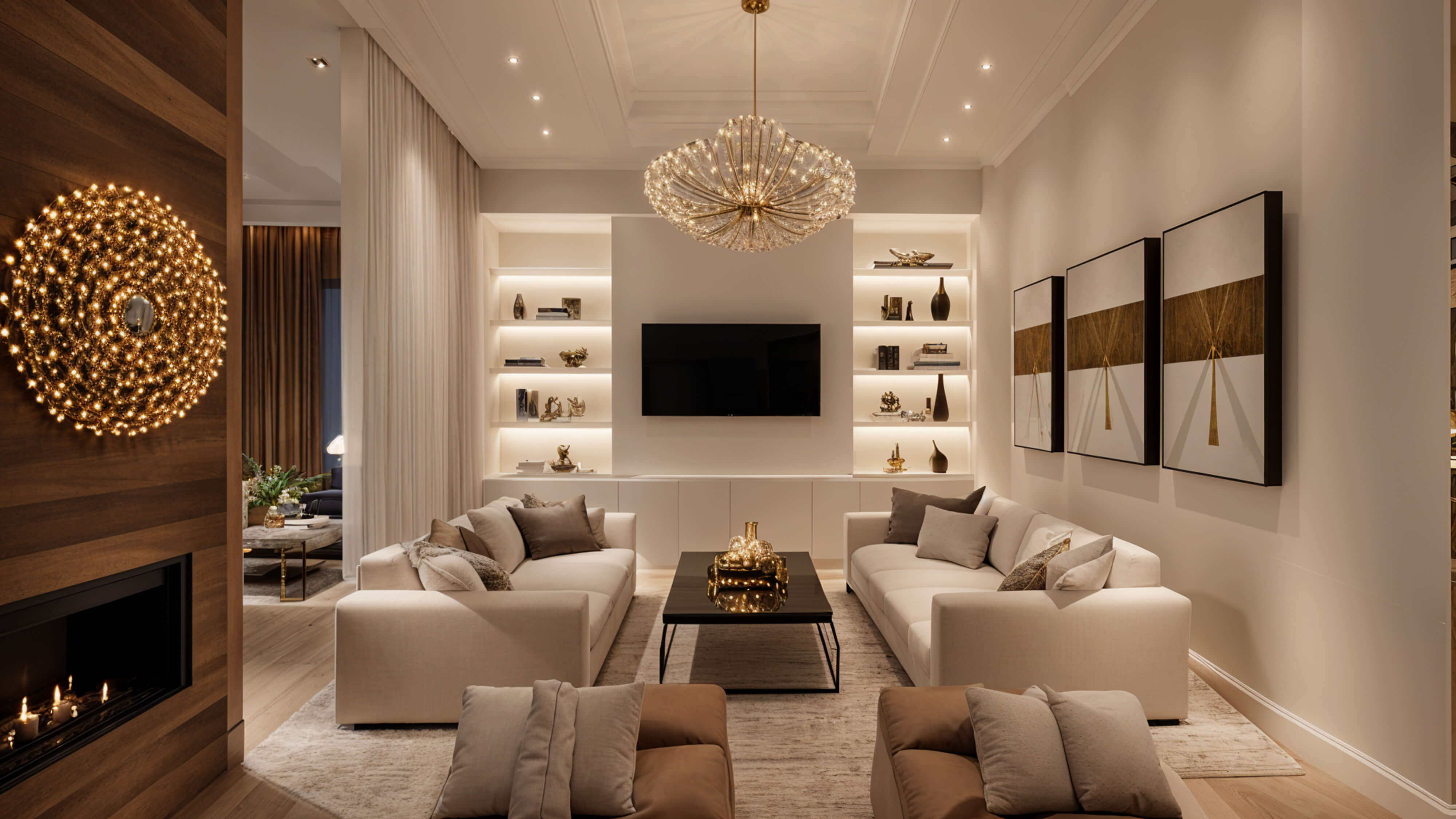 Elegant open-concept living room with symmetrical seating, custom shelving, soft neutral textiles, and warm lighting creating a timeless, balanced aesthetic.
