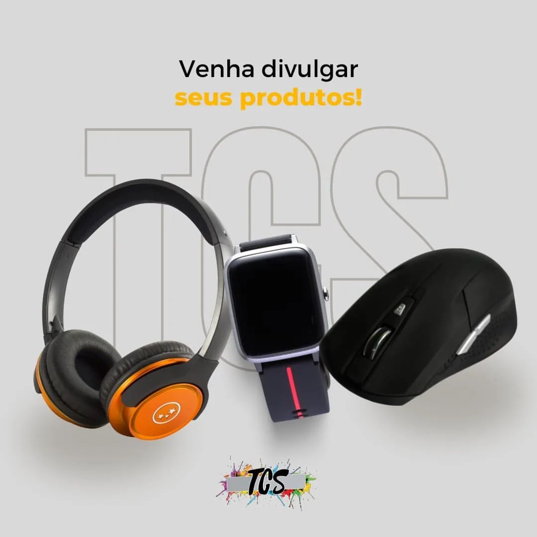 Divulgue seus produtos com TCS Artes e Impressos! Gráfica e Design Criativo para promover seu negócio com artes profissionais. Soluções em design de produtos como fones de ouvido, smartwatches e acessórios com alta qualidade de imagem. Gráfica especializada em branding e criação de conteúdo visual para empresas.