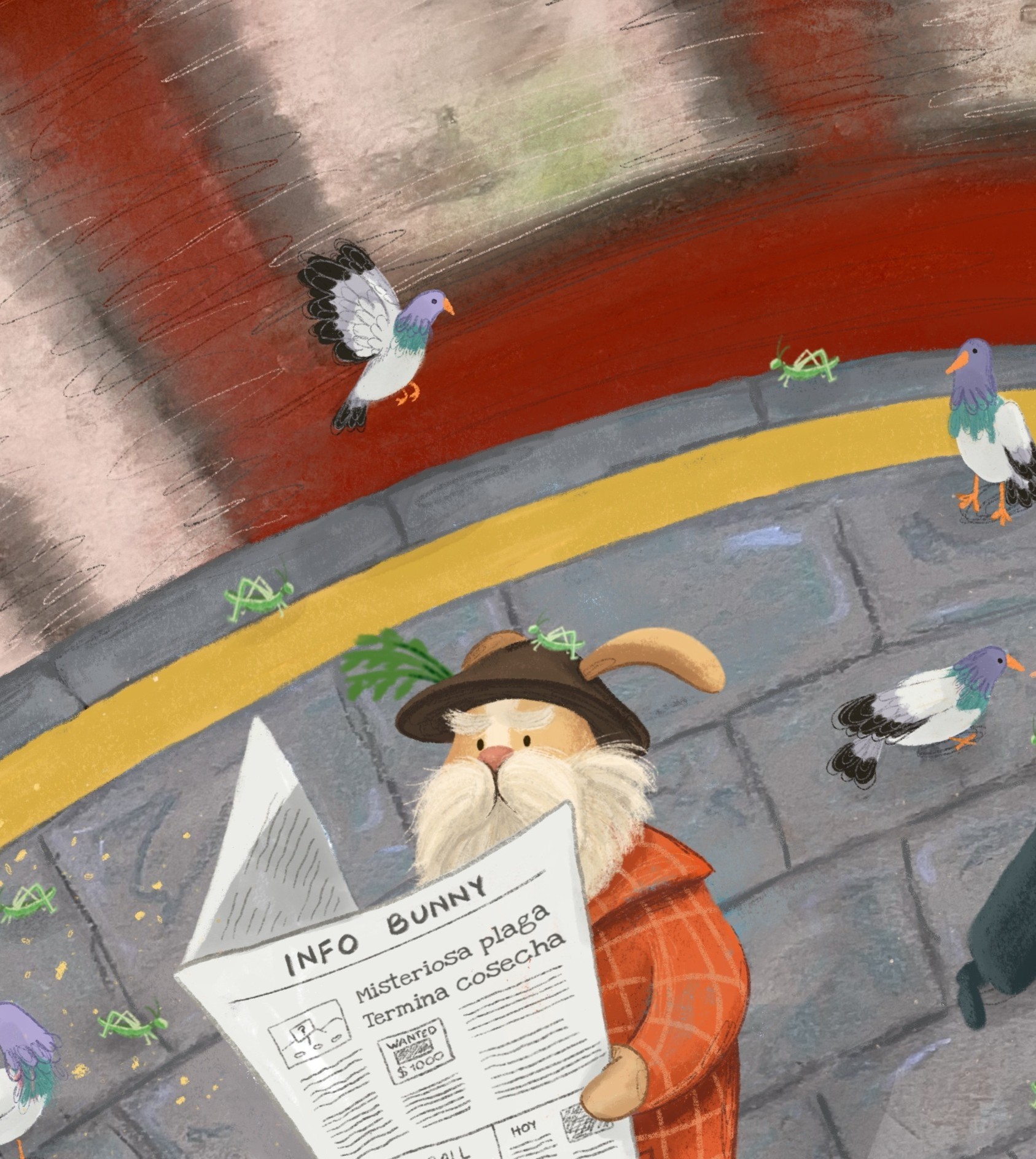 A rabbit reading a newspaper with a confused expression inside a train station, as pigeons fly around in the background.