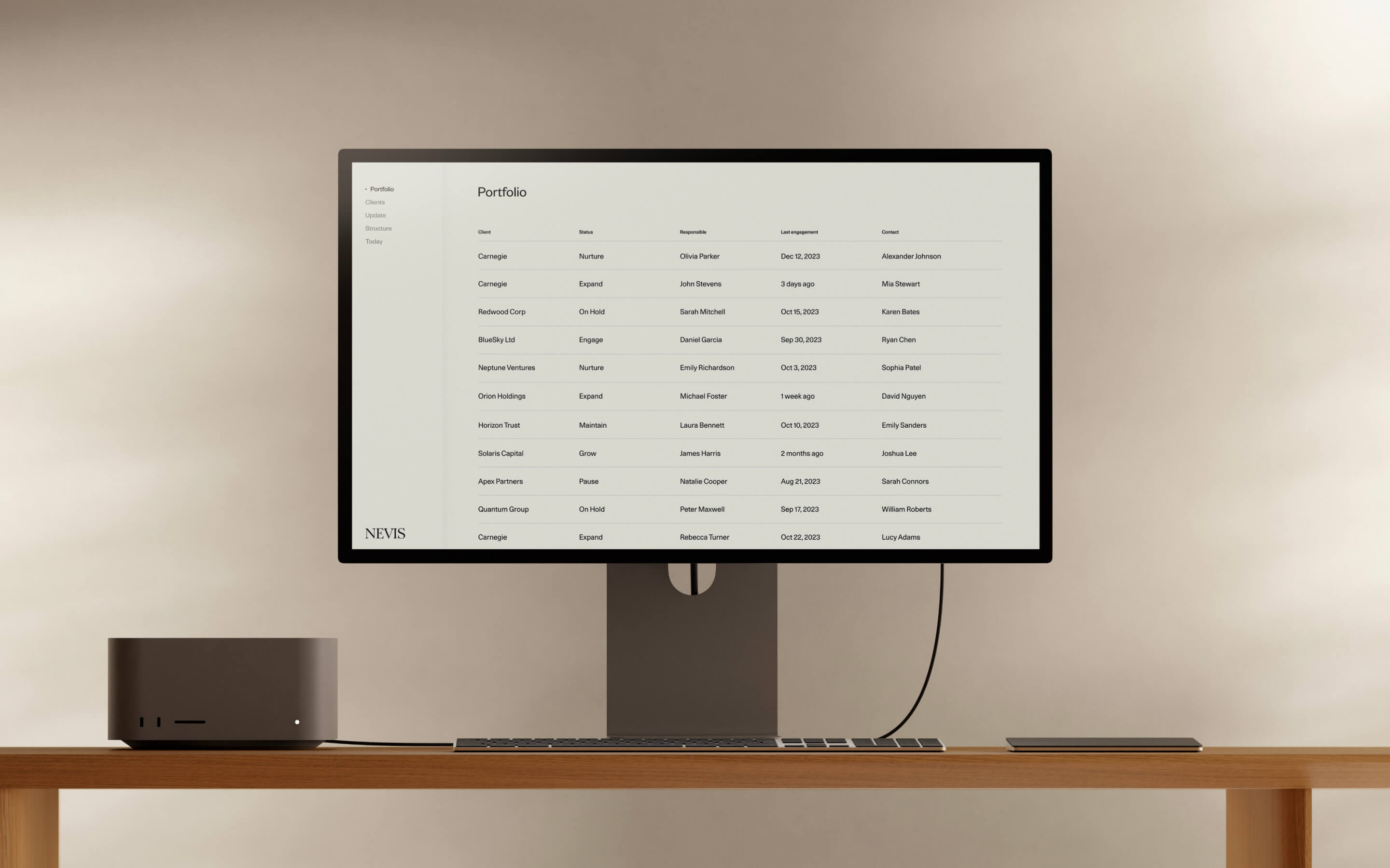 Nevis user interface displayed on a monitor on a desk