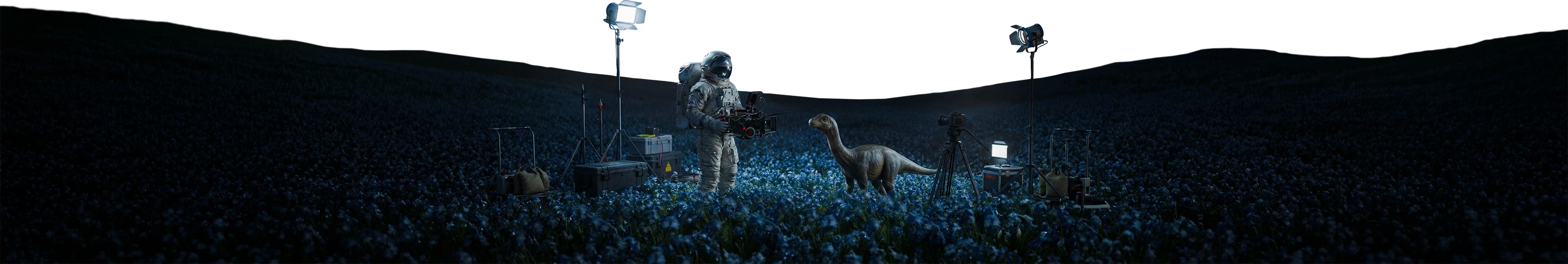 Spaceman in outer planet holding Film camera with dinosaur present.