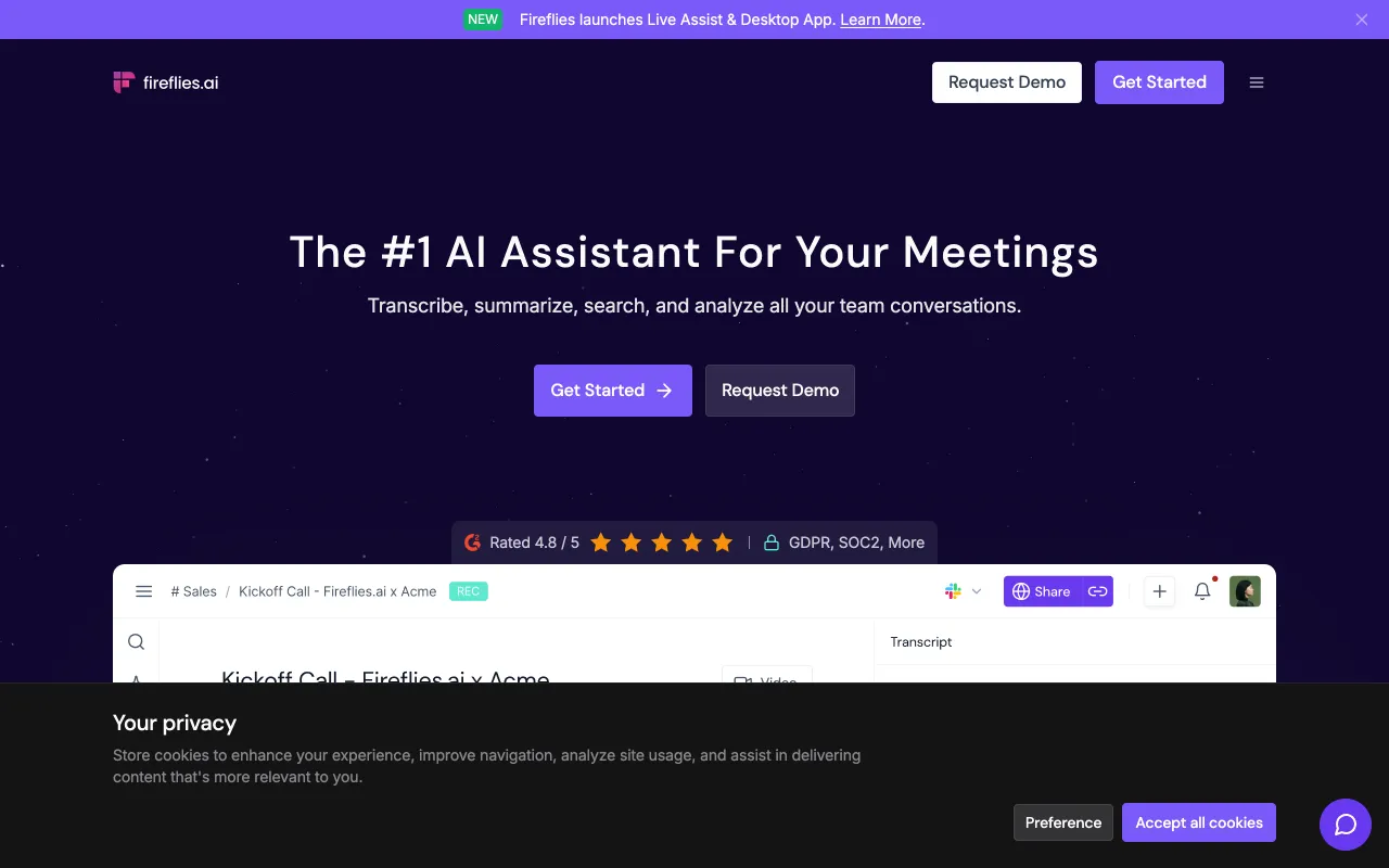 Fireflies.ai homepage, AI meeting assistant with deep integrations