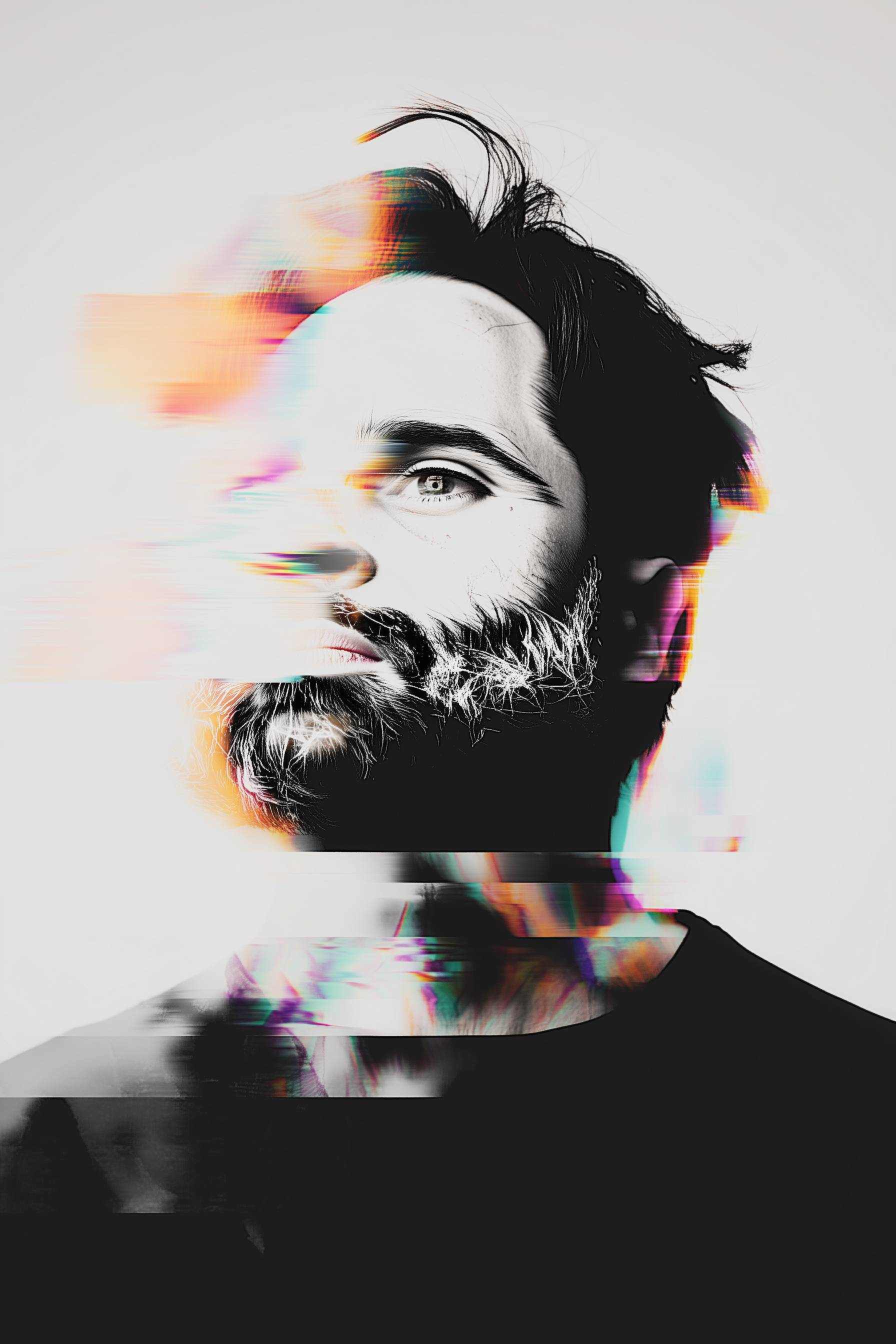 Portrait of a woman with digital abstract effects and color overlays