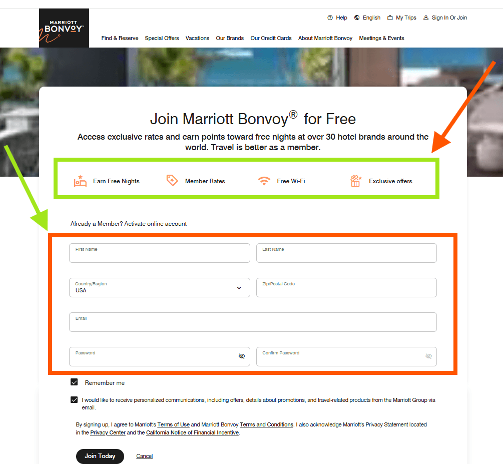 Marriott Bonvoy free membership signup page: "Join Marriott Bonvoy for Free" headline promoting access to exclusive rates and points toward free nights at 30+ hotel brands worldwide; four highlighted benefits — Earn Free Nights, Member Rates, Free Wi-Fi, Exclusive Offers; registration form collecting First/Last Name, Country/Region, Zip/Postal Code, Email, and Password, plus marketing consent checkbox and "Join Today" CTA — illustrating a frictionless free-tier loyalty signup flow designed to maximize acquisition