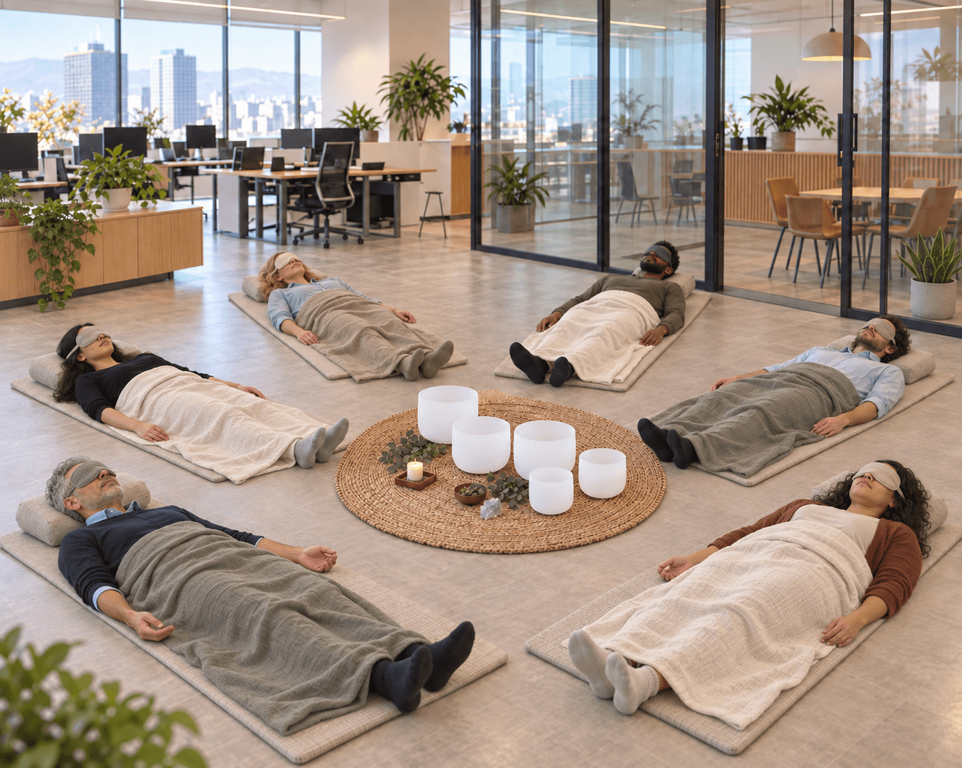 Experiencia de bienestar corporativo de Yo Floresco realizada en la oficina o lugar de trabajo de tu equipo.
