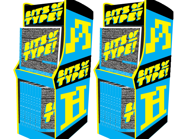 Two identical blue and yellow “BITS OF TYPE!” boxes are shown, each with a black and yellow design. The boxes feature a stylized “H” logo in yellow and “BITS OF TYPE!” in yellow text on a black background. The boxes are stacked and appear to be designed for retail display.