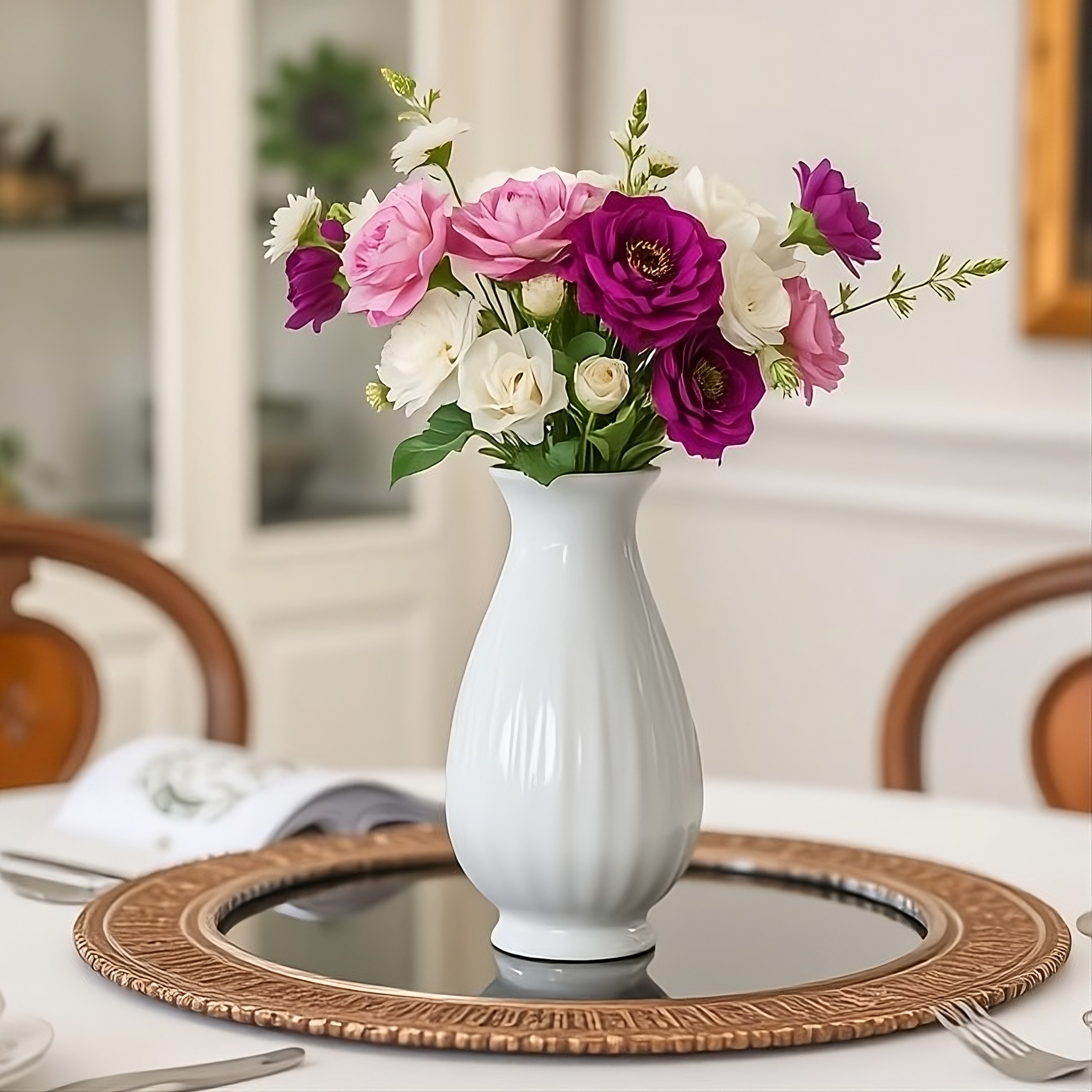 A vase of colorful flowers sits on a dining room table, adding a decorative touch to the elegant setting.