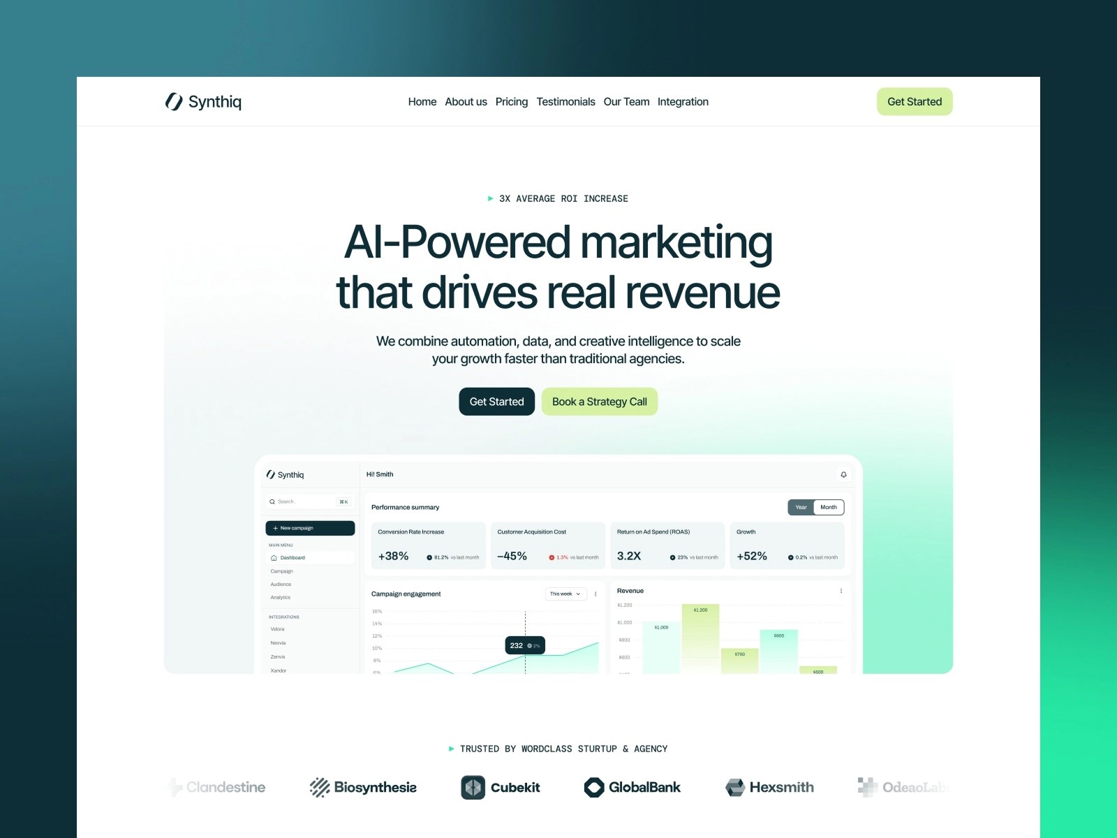 Website promoting AI-driven marketing solutions with a focus on revenue growth.