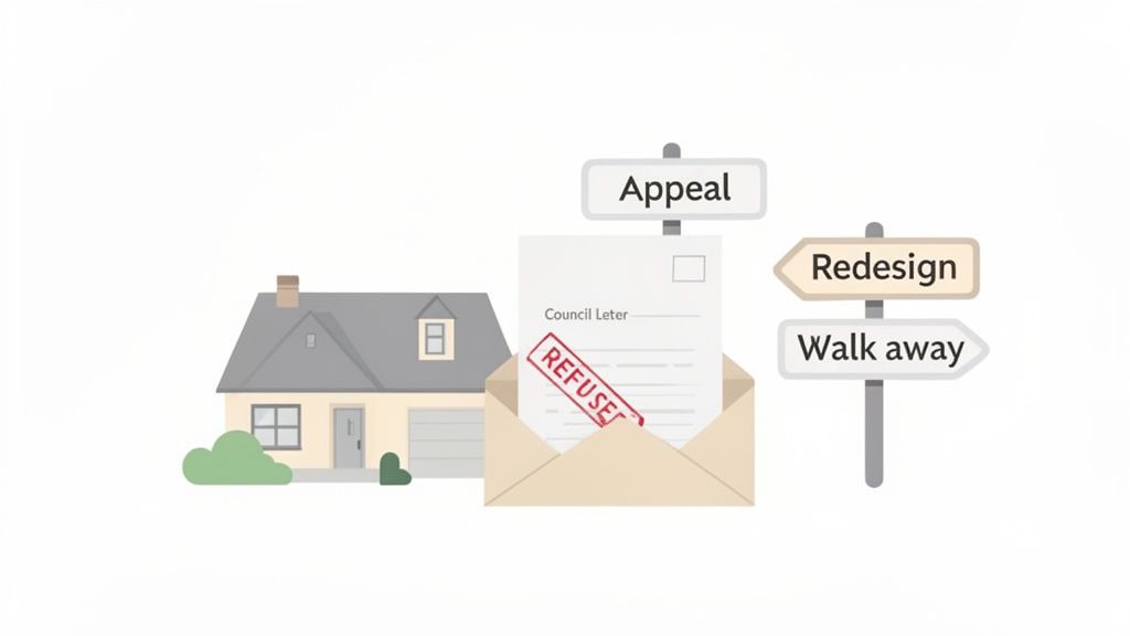 An illustration showing a house, a refusal letter for a council application, and signposts with options: Appeal, Redesign, Walk away.