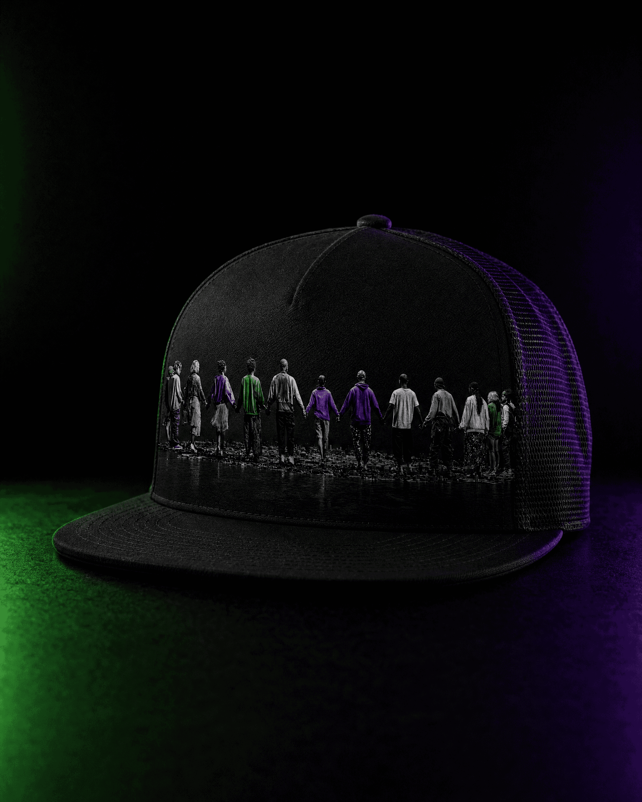Front of a black Session Zone flat-bill snapback hat with a community graphic and mesh side panels.