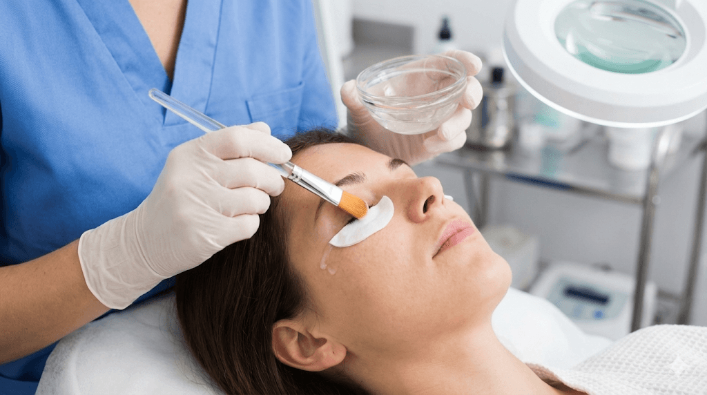Close-up of a dermatologist carefully applying a delicate peel solution to the under-eye area with a fine brush.