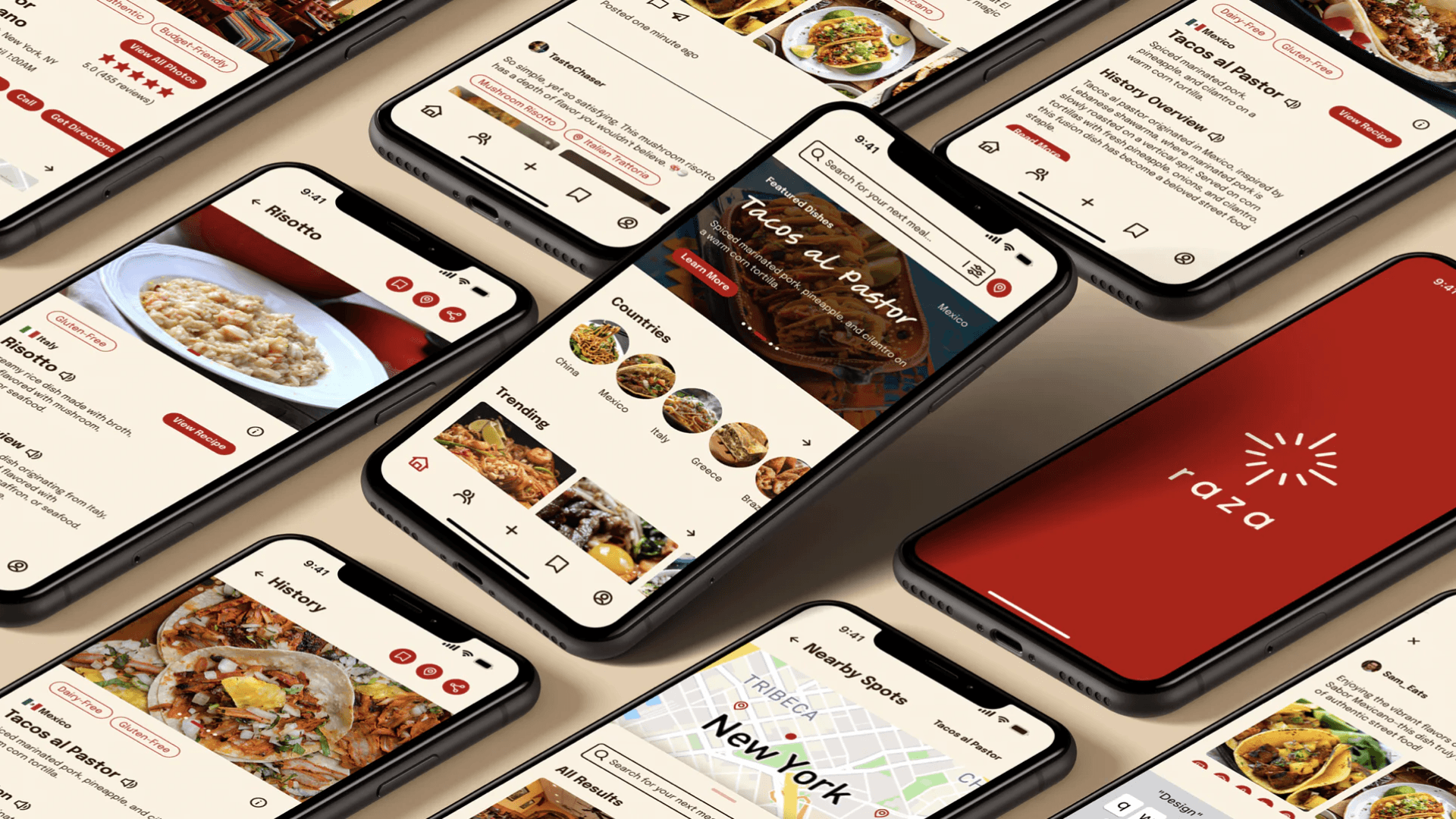 Mockup of multiple iPhone screens displaying Raza’s final UI flow, including dish history, community posts, and cultural storytelling features.