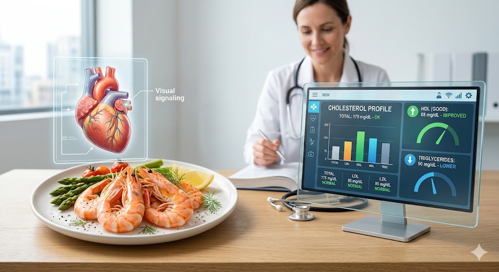 A medical consultant observes a digital heart profile and data dashboard displaying improved HDL and lower triglyceride markers next to a plate of fresh shrimp, asparagus, and lemon on a desk.