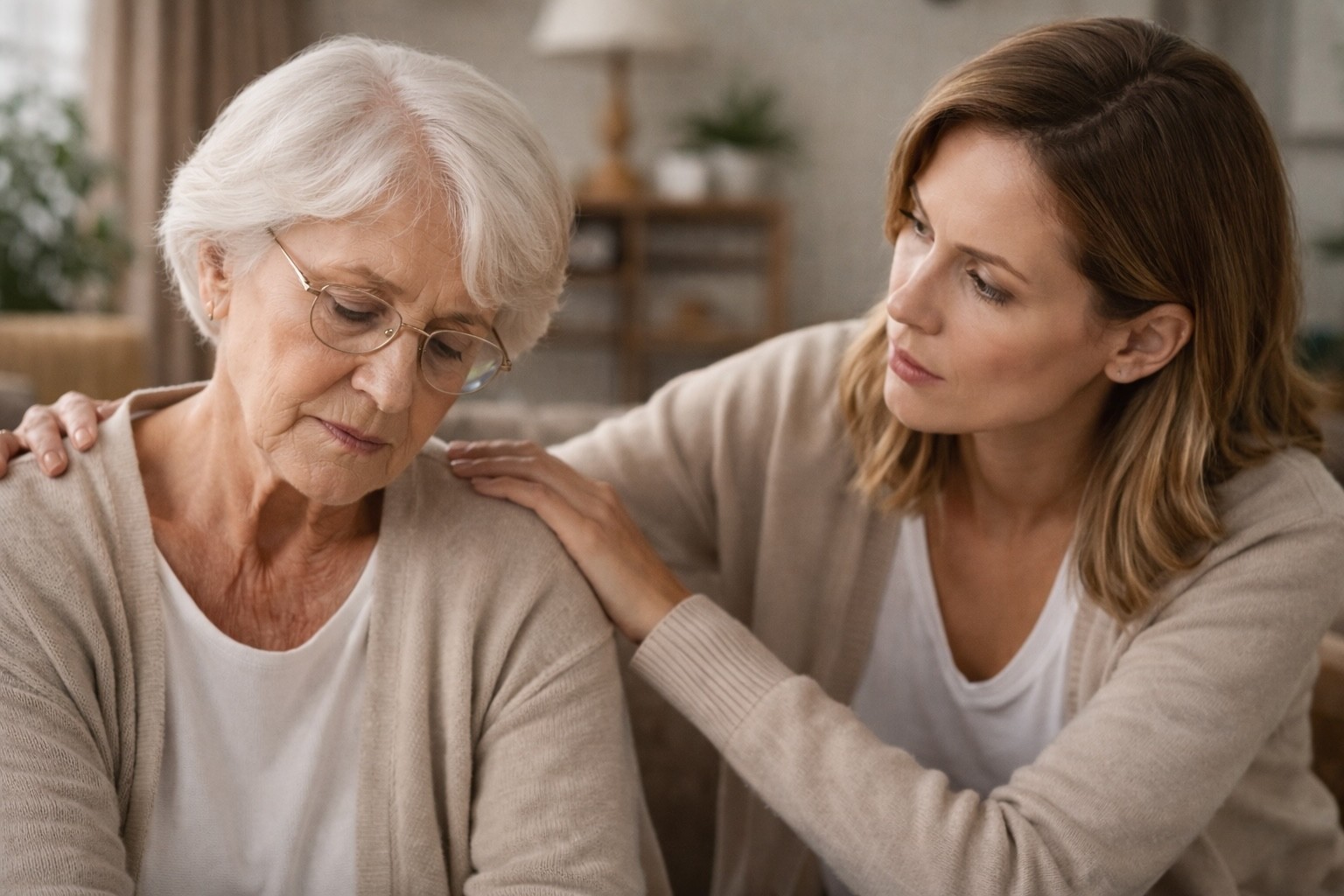 Sad elderly woman being comforted by daughter.