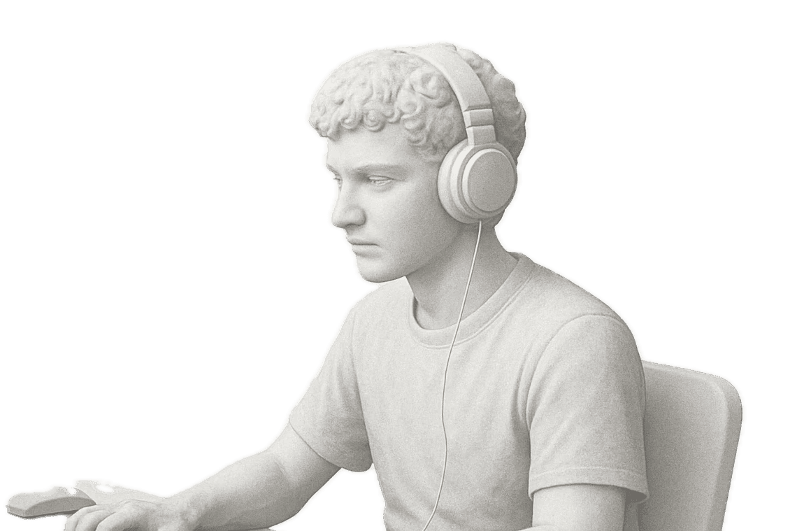 Marble statue with headphones, professional client tools.