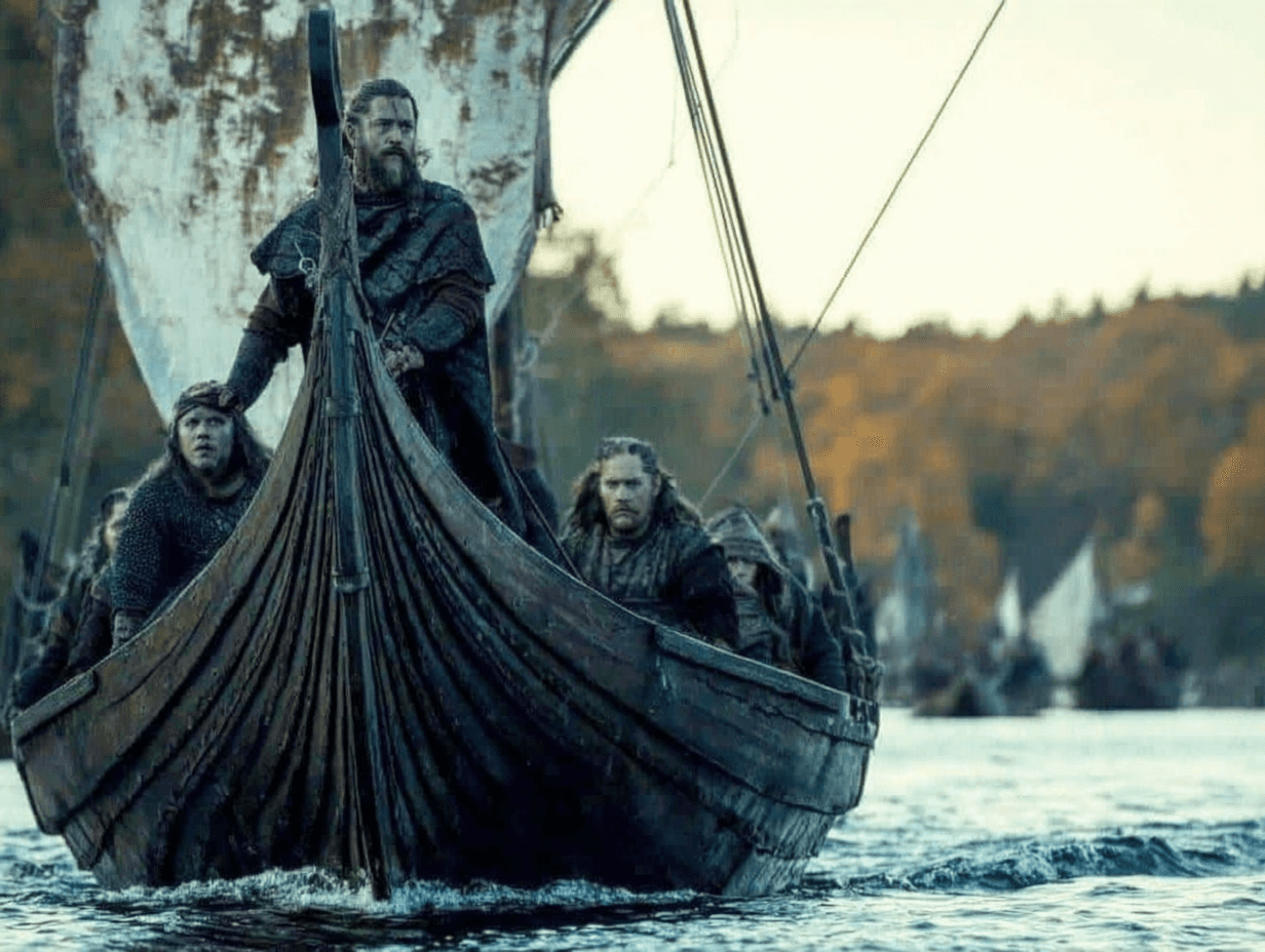 A weather-worn Viking longship glides upriver, prow cutting the water as a bearded chieftain and his crew scan the autumn-colored shoreline for their next target.