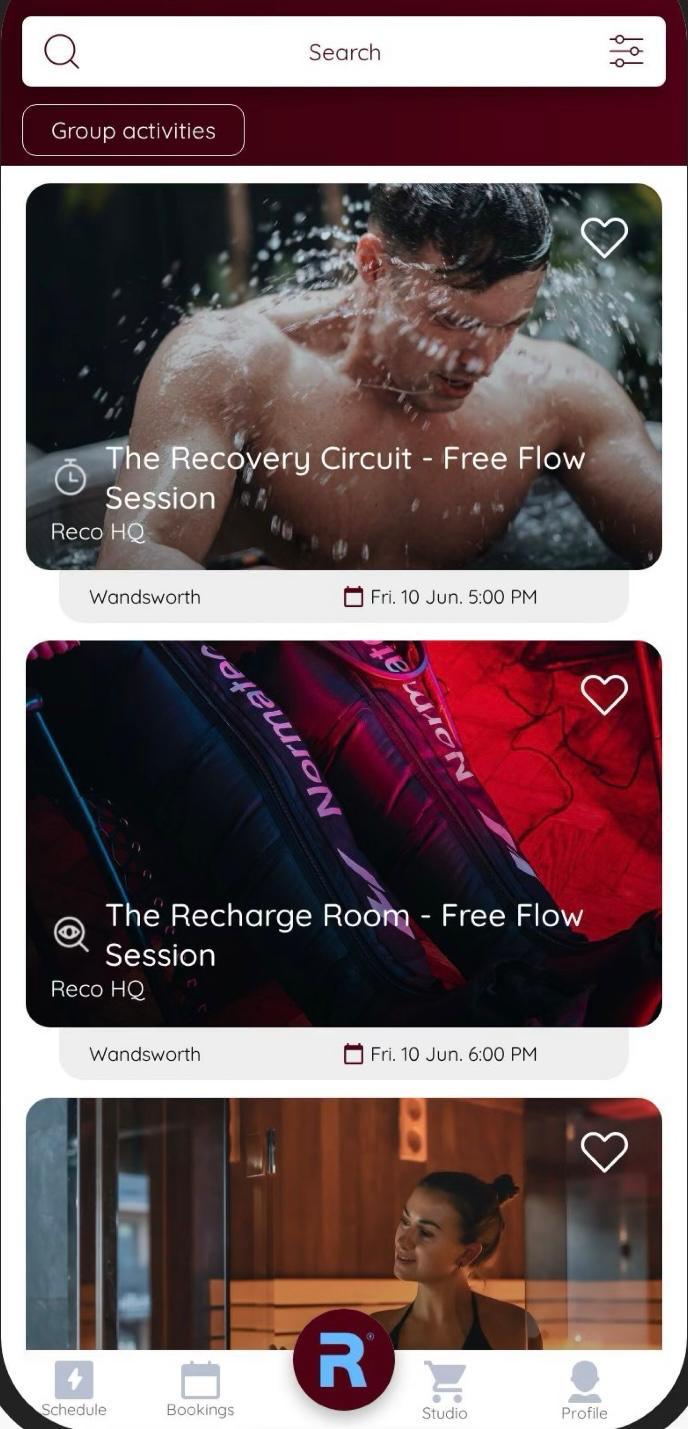 RECO HQ app screen listing recovery sessions to book